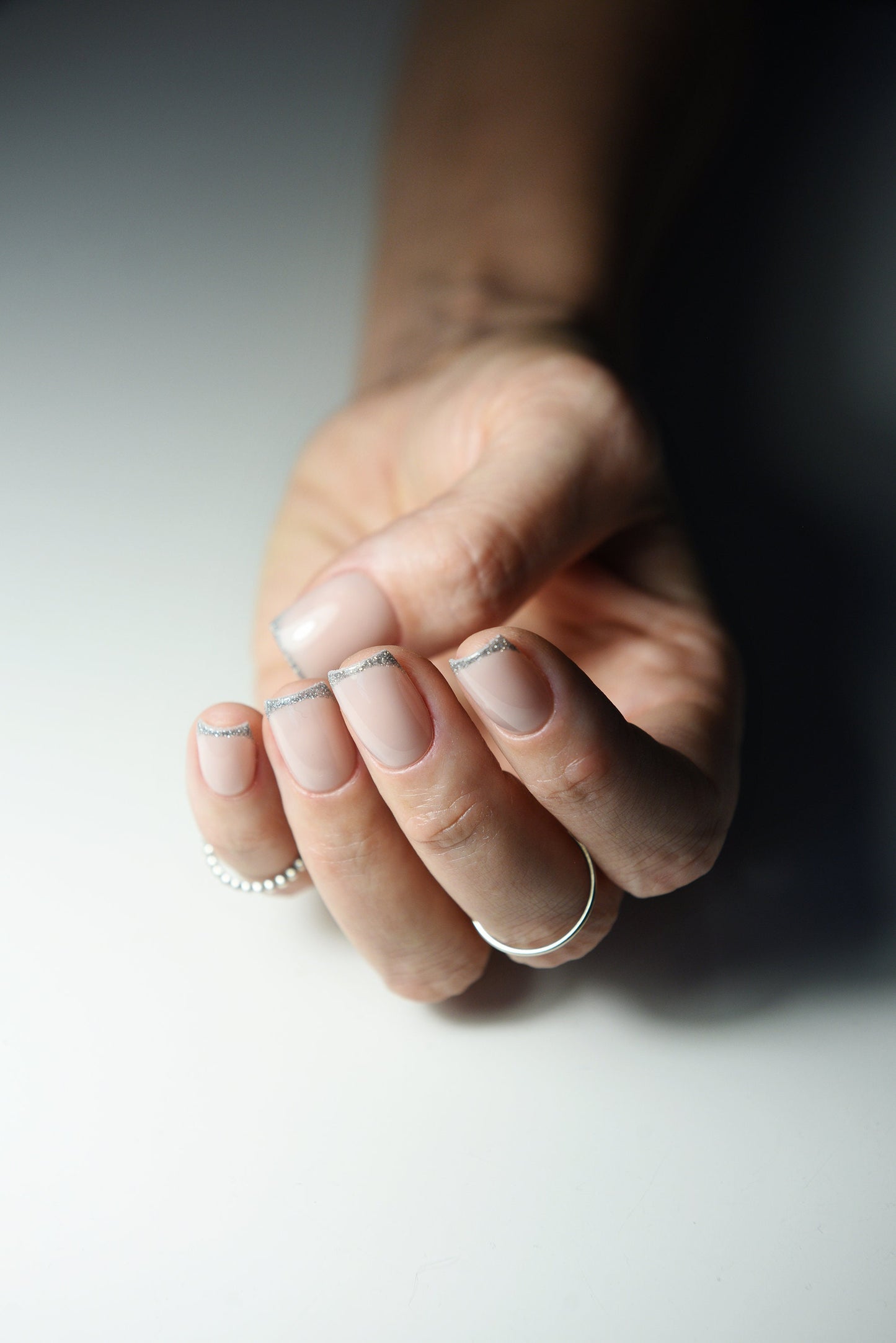 Flash Silver French Press On Nails – Sparkly Winter Nails, Durable Builder Gel, Luxury Handmade Set