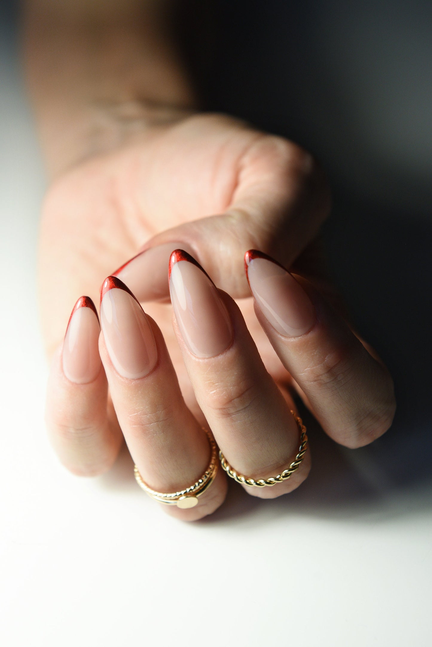 Christmas Red Glitter French Press-On Nails – Nude Base | Handmade Reusable Set | Festive Holiday Gift for Her