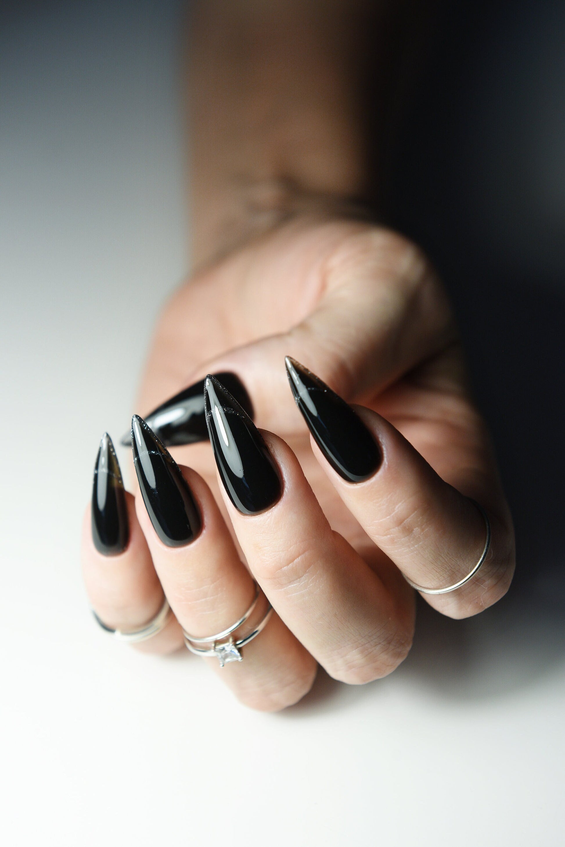 Jelly Black Reflective French Press On Nails korean style nail art, long stiletto, winter nails, christmas nails, coffin, oval, square short – Luxury Handmade Reusable Press On Nails