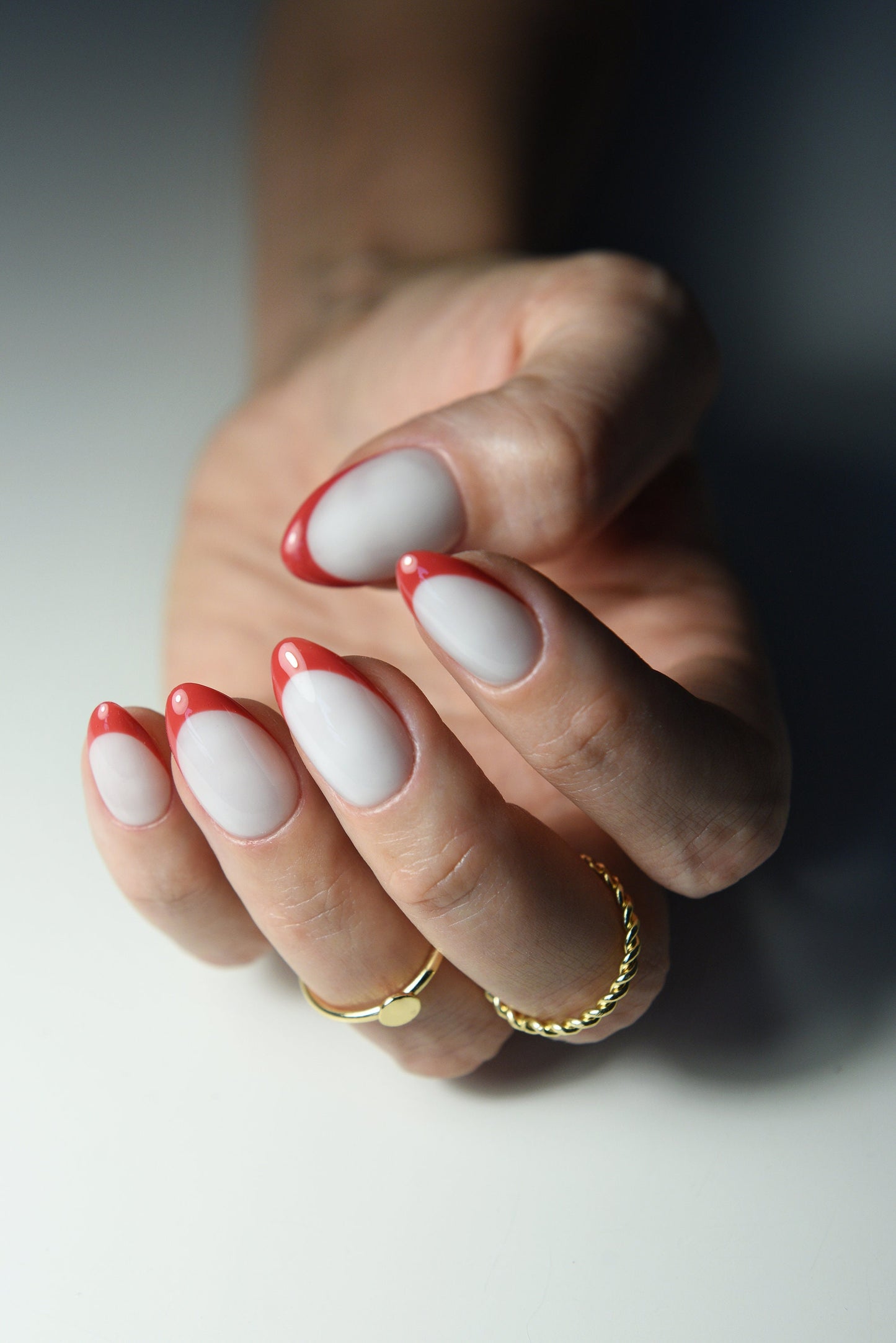 White & Red French Press-On Nails – Romantic Handmade Nail Set