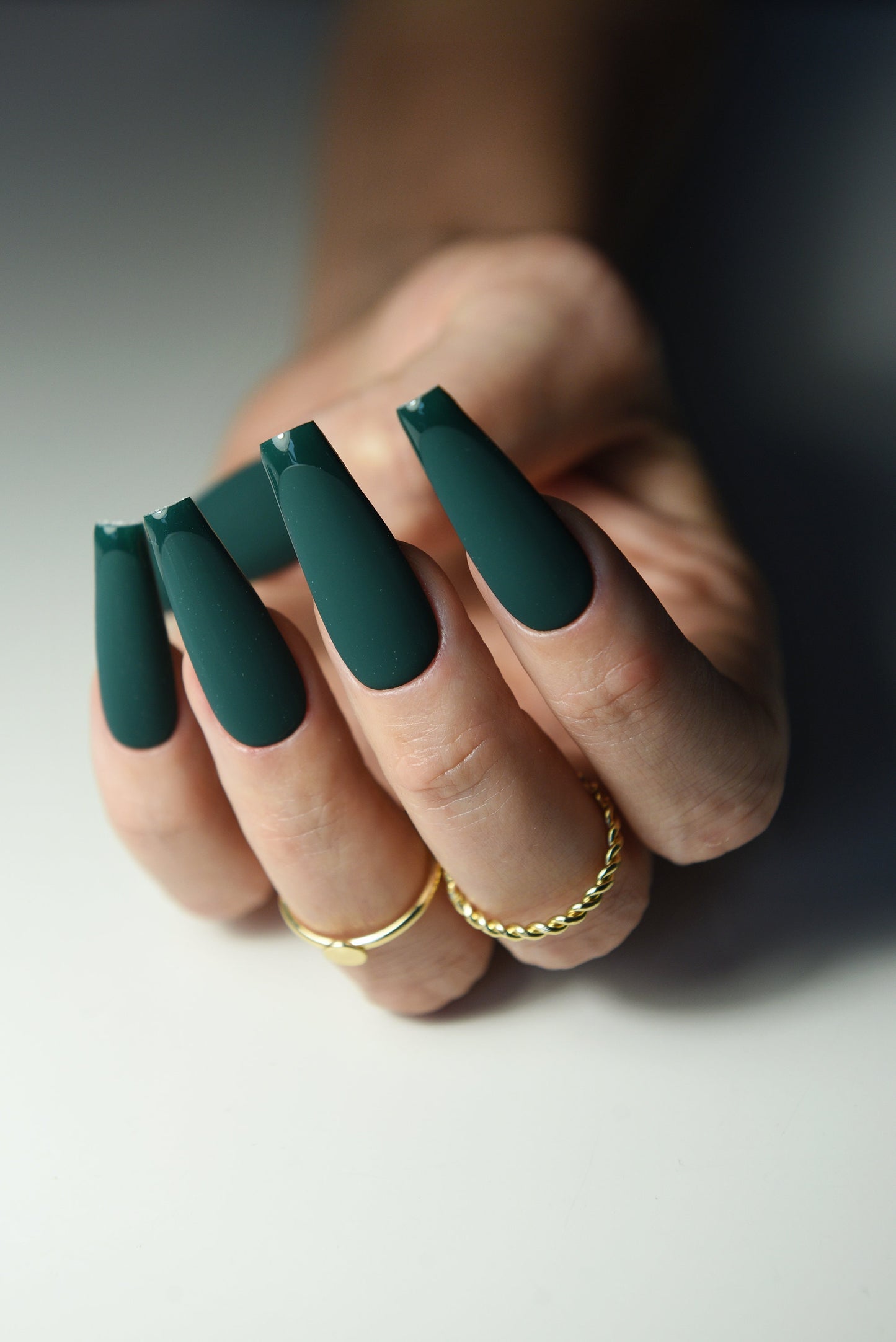 Elegant Deep Green Matte Press-On Nails – Glossy French Tips, Handmade Luxury Holiday Set