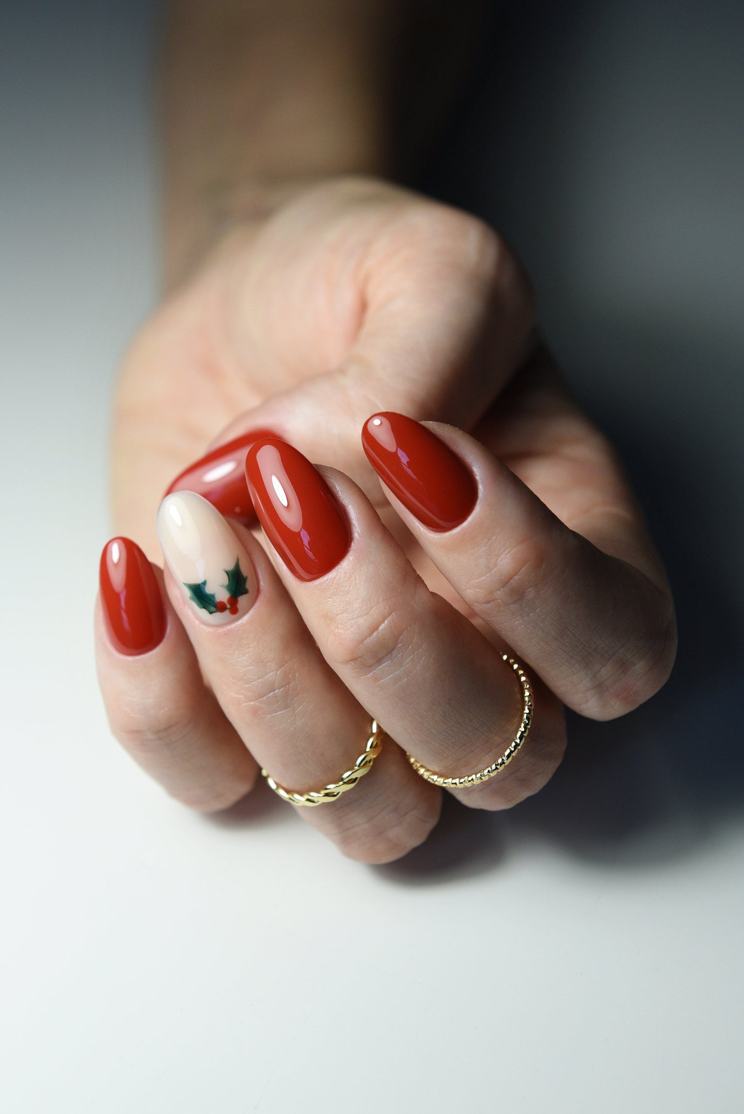 Christmas Red Misletoe set of luxury reusable press on nails for winter, warm cozy stylish set, fake nails, medium oval, long coffin, short – Luxury Handmade Reusable Press On Nails