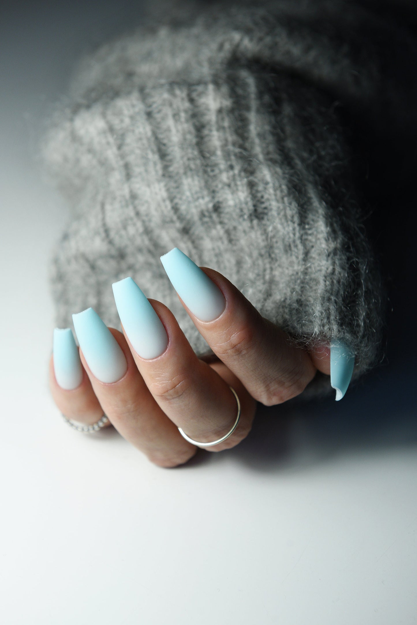Blue Ombre winter snowy strong as salon acrylic manicure set of 10 gel press on nails with gradient. Reusable natural looking glue on long