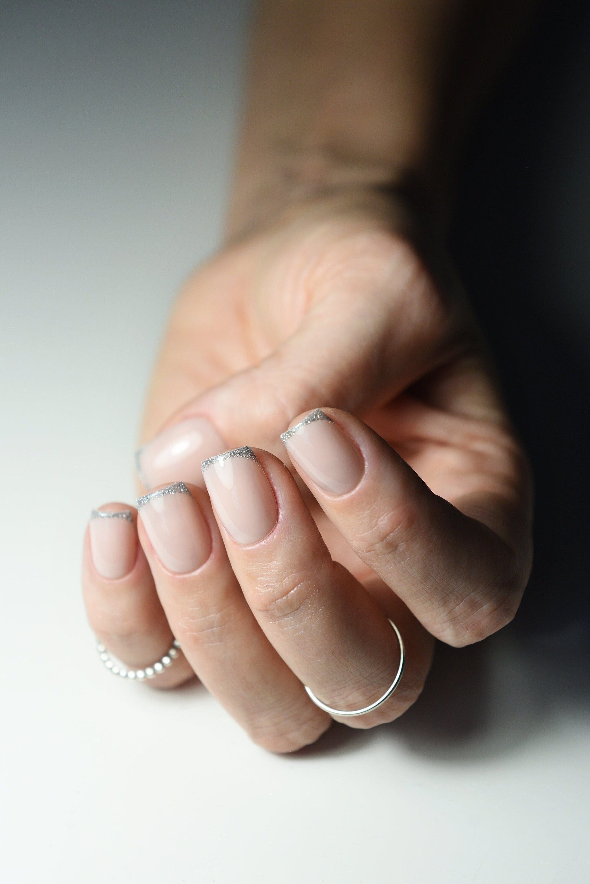 Flash Reflective Glitter Silver French, cute, girly, natural press on nails for winter, custom shape, reusable acrylic like luxury fake – Luxury Handmade Reusable Press On Nails