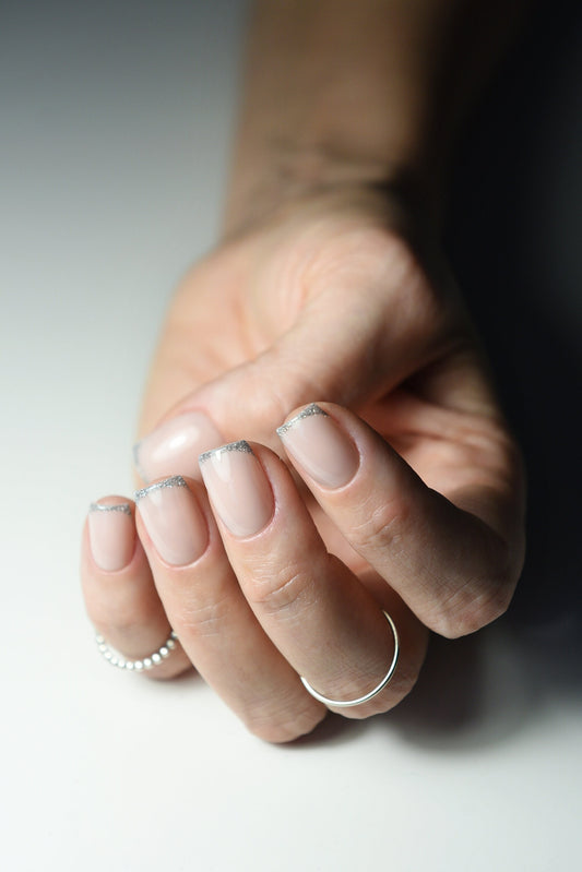 Flash Reflective Glitter Silver French, cute, girly, natural press on nails for winter, custom shape, reusable acrylic like luxury fake – Luxury Handmade Reusable Press On Nails