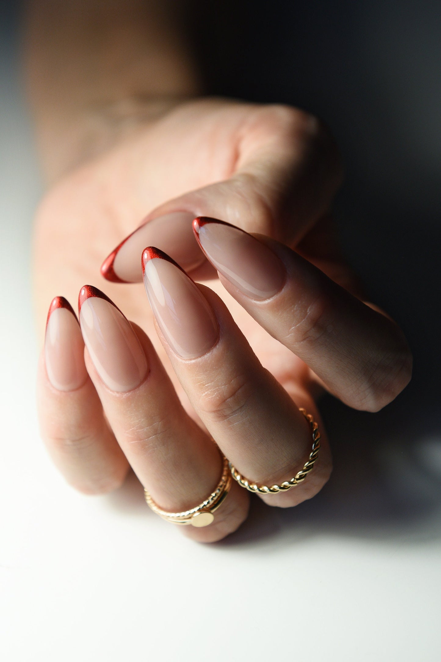 Perfect Christmas Glitter Red French Nude Press on Nails acrylic quality gel press ons, holiday, winter, gift for wife, date, long, short – Luxury Handmade Reusable Press On Nails