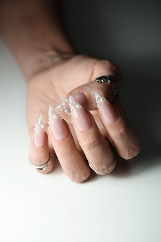 PEARL NUDE FRENCH Nails Clean girl style aesthetic simple minimalistic press on nails, fake glue on, stiletto, almond square coffin, long – Luxury Handmade Reusable Press On Nails
