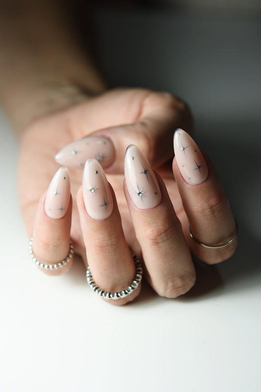 Nude Press On Nails with Silver Stars, Rhinestones and Dots, Cute nails for girls girlie nails, long, short, almond coffin, stiletto, square – Luxury Handmade Reusable Press On Nails