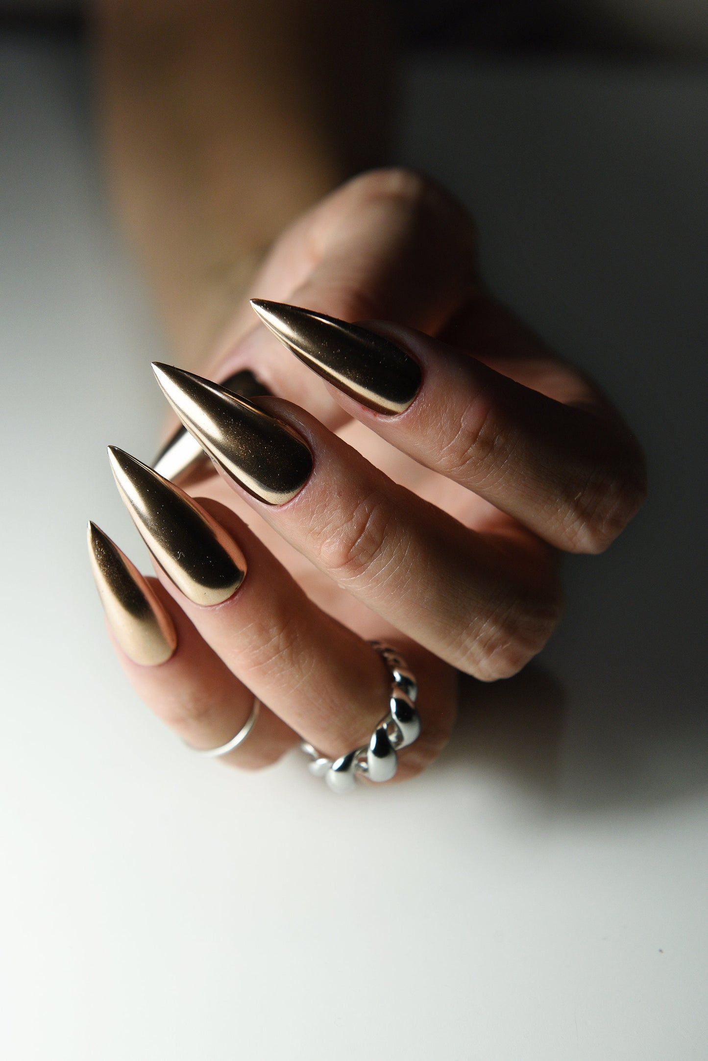 Mirror Chrome Copper Press On Nails – Shiny Reusable Handmade Set, Luxury Gift for Her, Long or Short, Stiletto, Coffin, Acrylic Look – Custom Set of 10