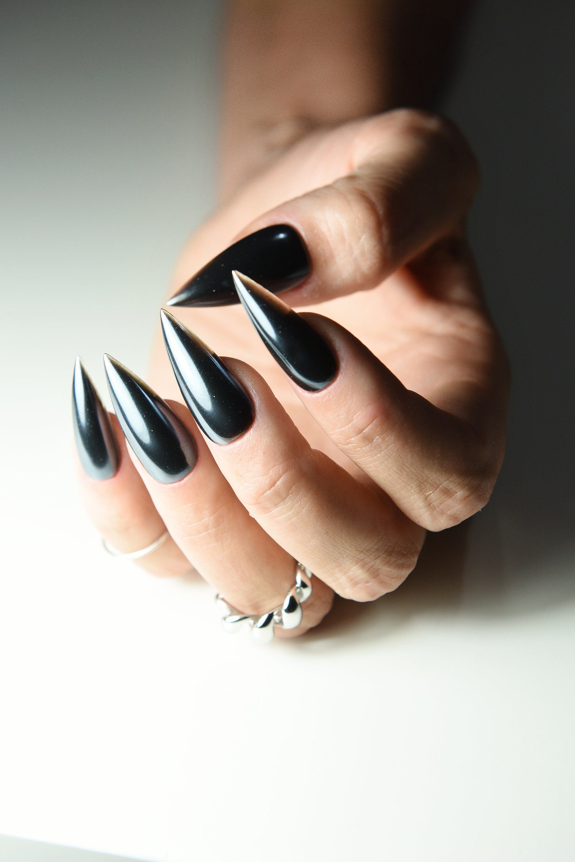 JELLY BLACK CHROME Korean Style Press On Nails, stiletto, almond oval coffin, reusable luxury fake glue on nails, acrylic long, short goth – Luxury Handmade Reusable Press On Nails