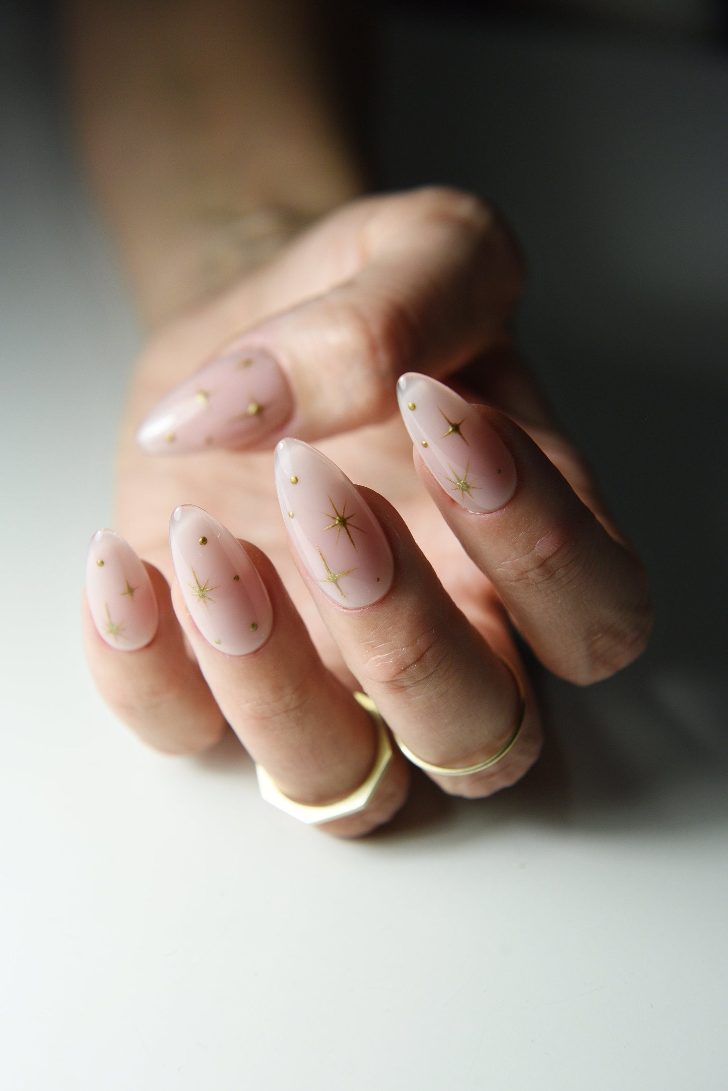 Nude Press On Nails with Gold Stars – Handmade Reusable Set | Custom Shape | Cute Celestial Look