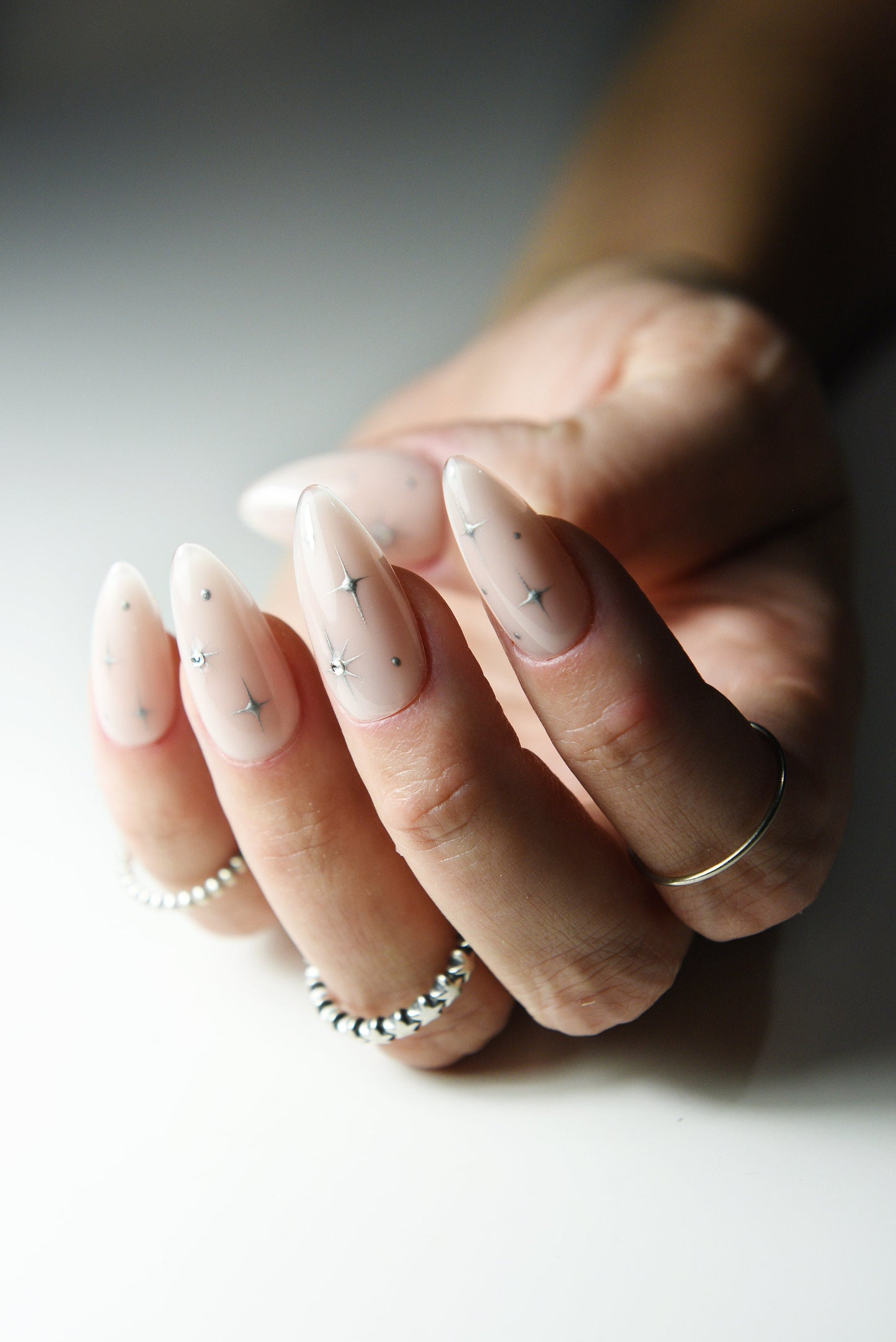 Nude Press On Nails with Silver Stars and Rhinestones – Cute Reusable Fake Nails, Handmade Luxury Set