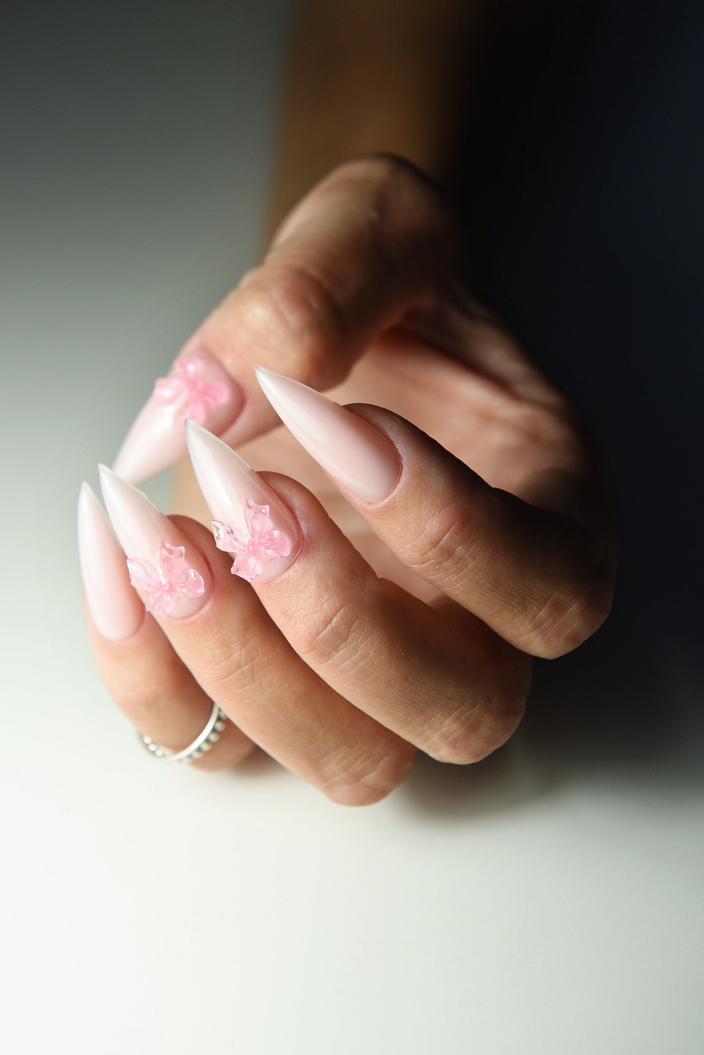 Coquette Ribbon Milky Pink Press-On Nails – Balletcore Girly Set – Handmade Reusable, Custom Shape & Length