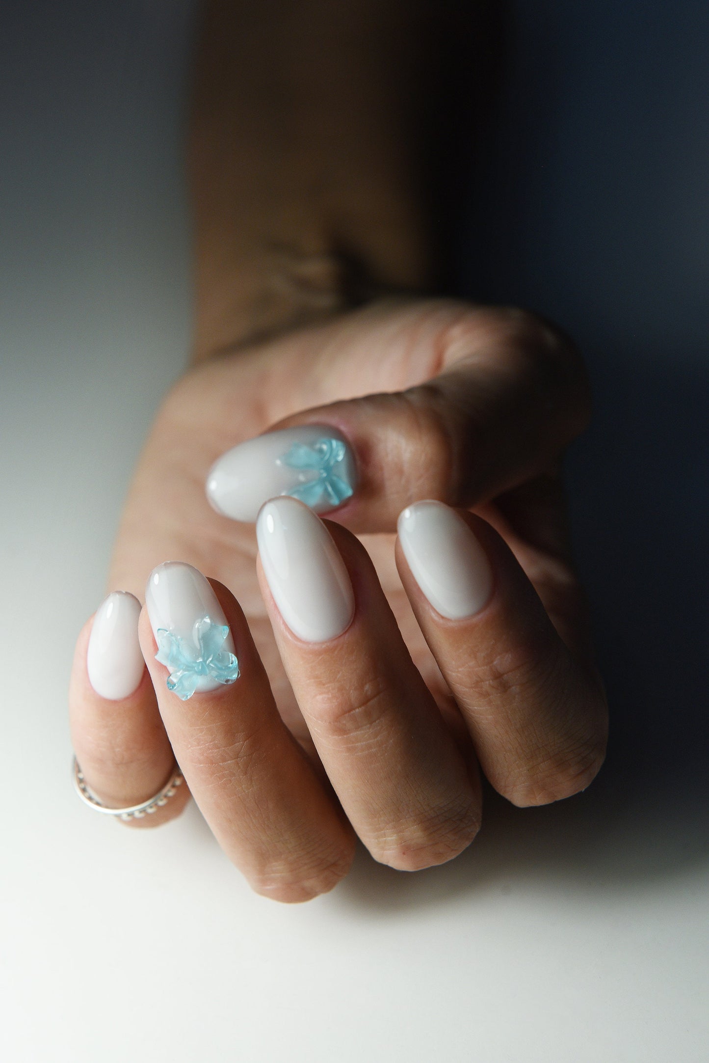 Coquette Blue Ribbon Milky Reusable press on nails, balletcore, Stiletto Oval Almond Square Coffin Balerina, Long Medium Short, girly gift