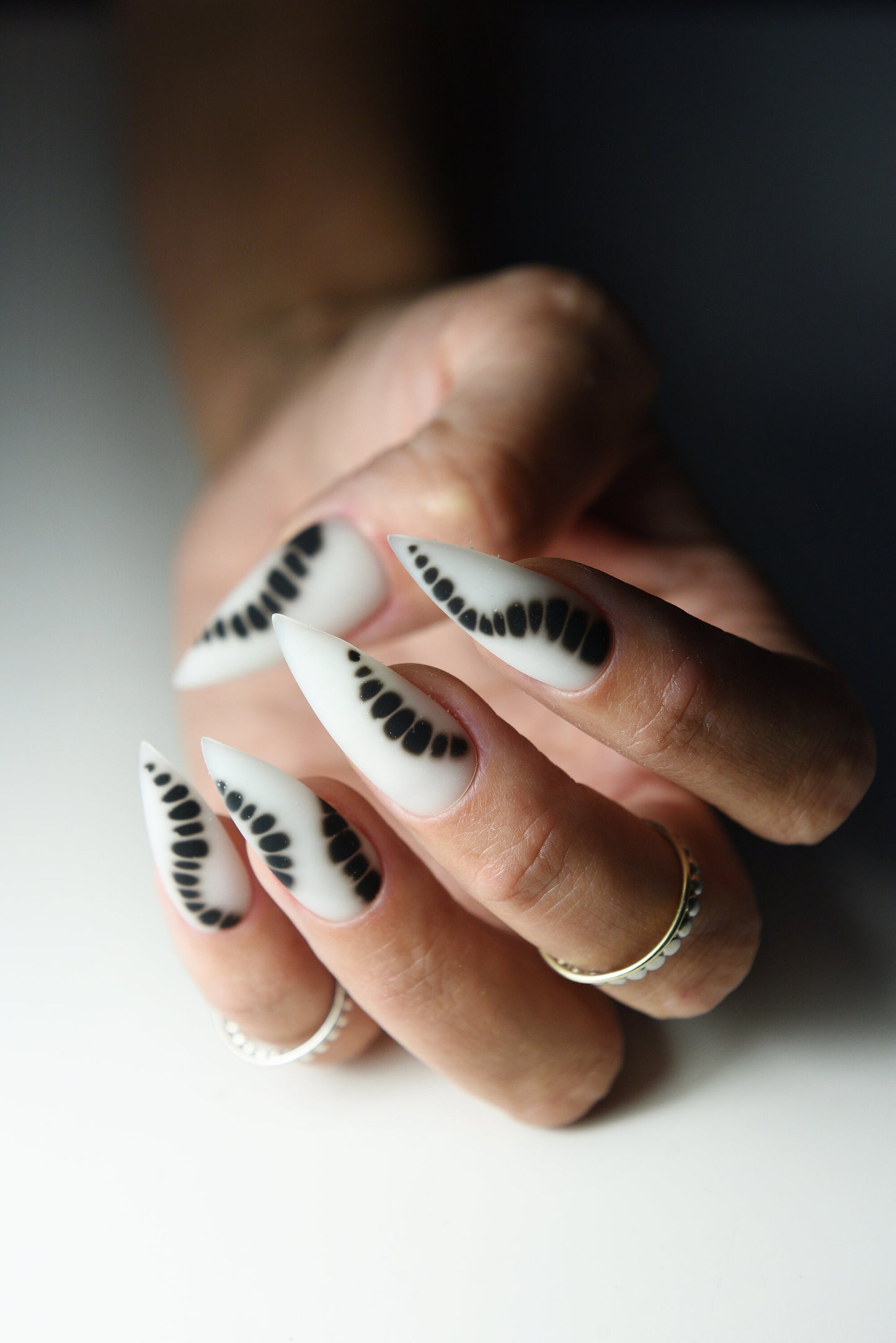 Blooming Black Press On Nails – Milky White Base, Bold Floral Nail Art, Handmade Reusable Set – Luxury Press Ons