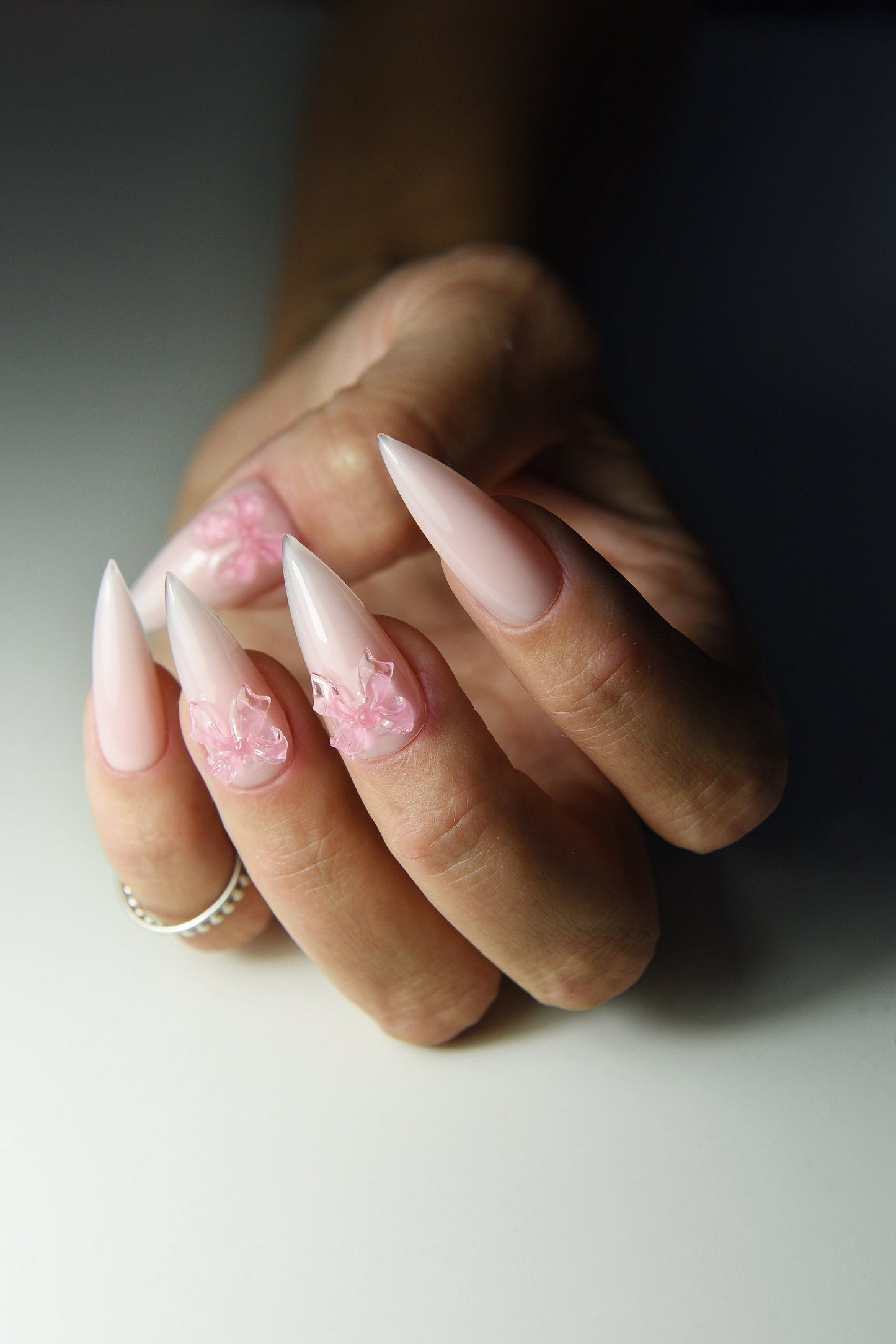 Coquette Ribbon Milky Pink Press-On Nails – Balletcore Girly Set – Handmade Reusable, Custom Shape & Length