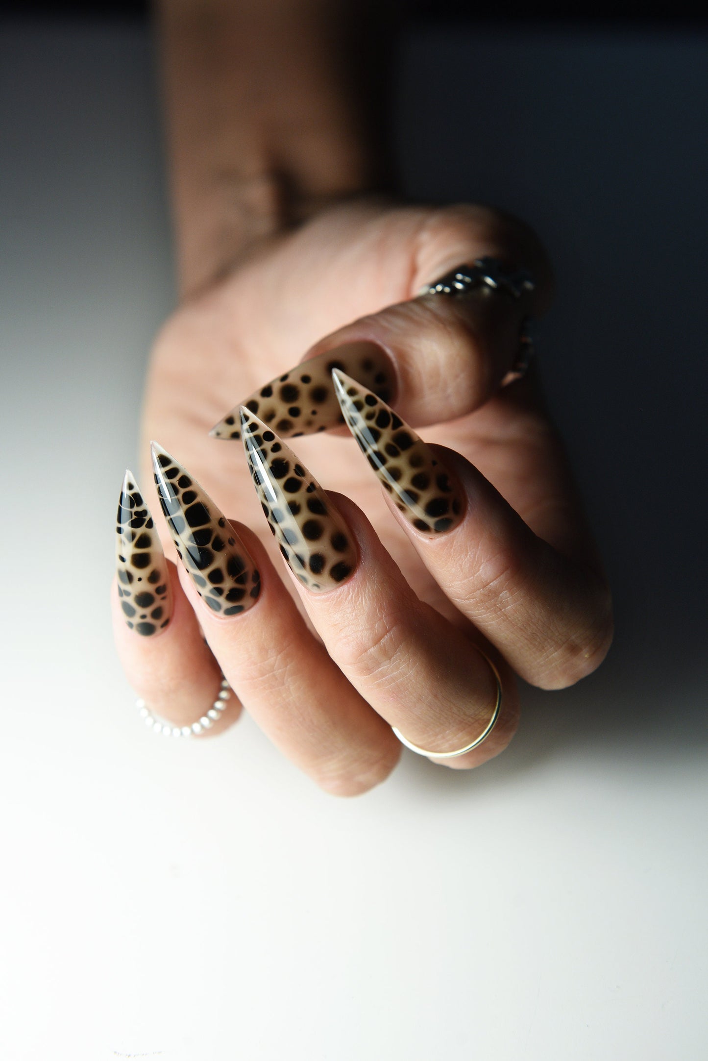 Goth Cheetah Nude & Black Press-On Nails – Handmade Reusable Set with Leopard Dots | Acrylic-Like Quality for Witchy Goth Girl Aesthetic
