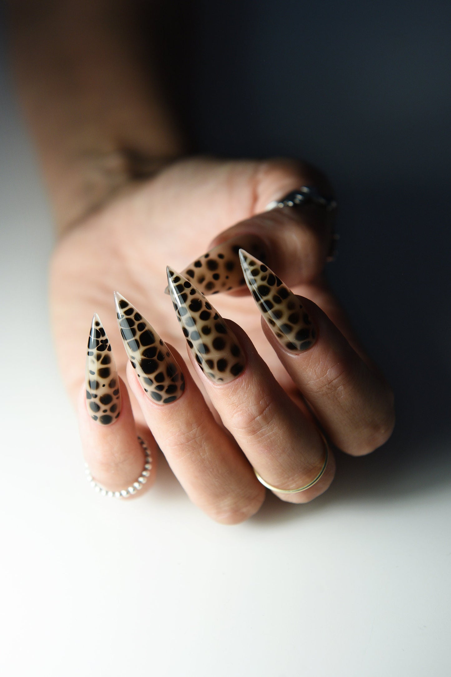 Goth Cheetah Nude & Black Press-On Nails – Handmade Reusable Set with Leopard Dots | Acrylic-Like Quality for Witchy Goth Girl Aesthetic