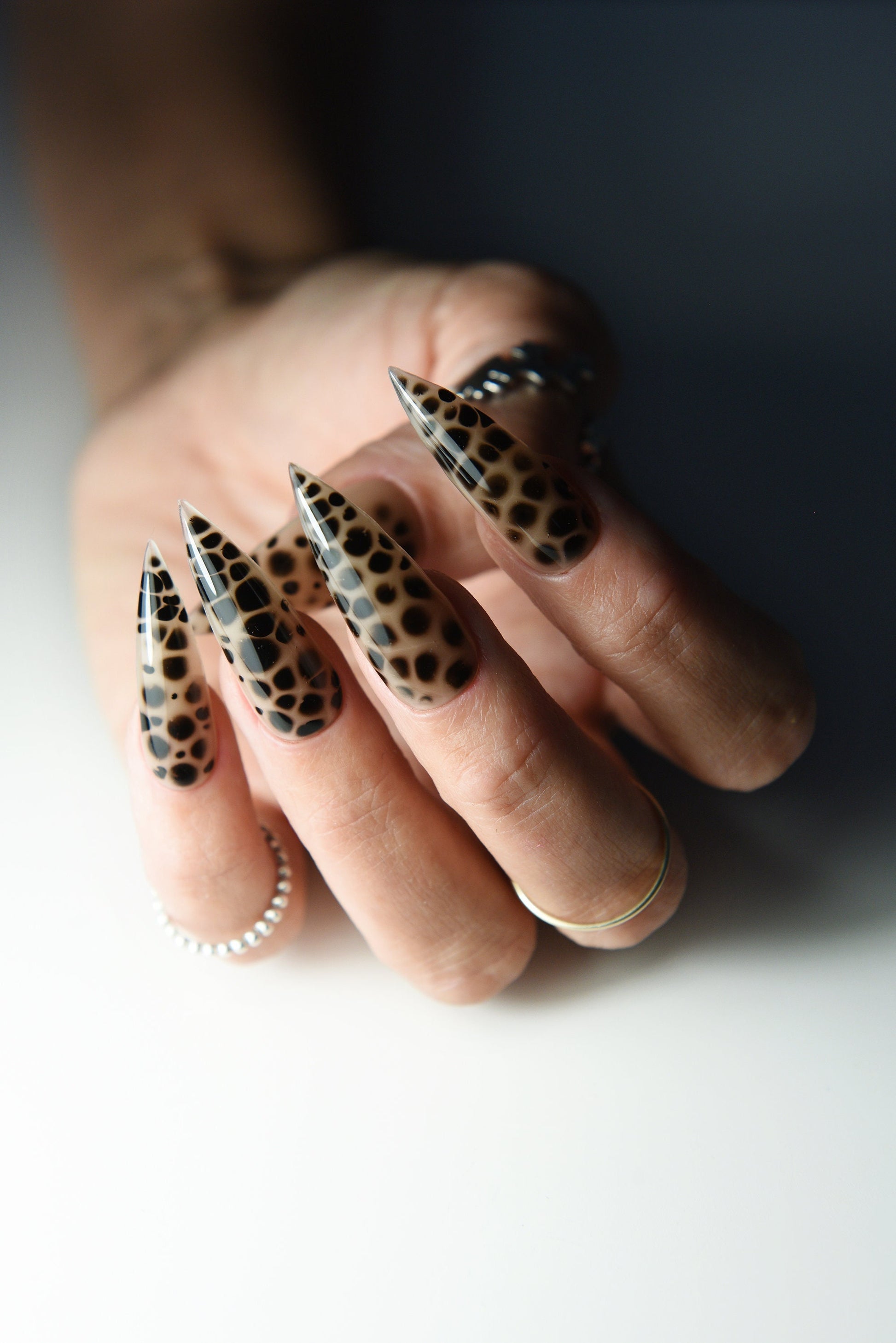 GOTH CHEETAH Nude Black Stains Press On Nails Leopard Dots Stiletto Almond Square Long Short, Reusable, acrylic, goth girl aesthetic, witchy – Luxury Handmade Reusable Press On Nails
