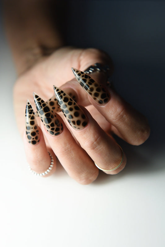 GOTH CHEETAH Nude Black Stains Press On Nails Leopard Dots Stiletto Almond Square Long Short, Reusable, acrylic, goth girl aesthetic, witchy – Luxury Handmade Reusable Press On Nails