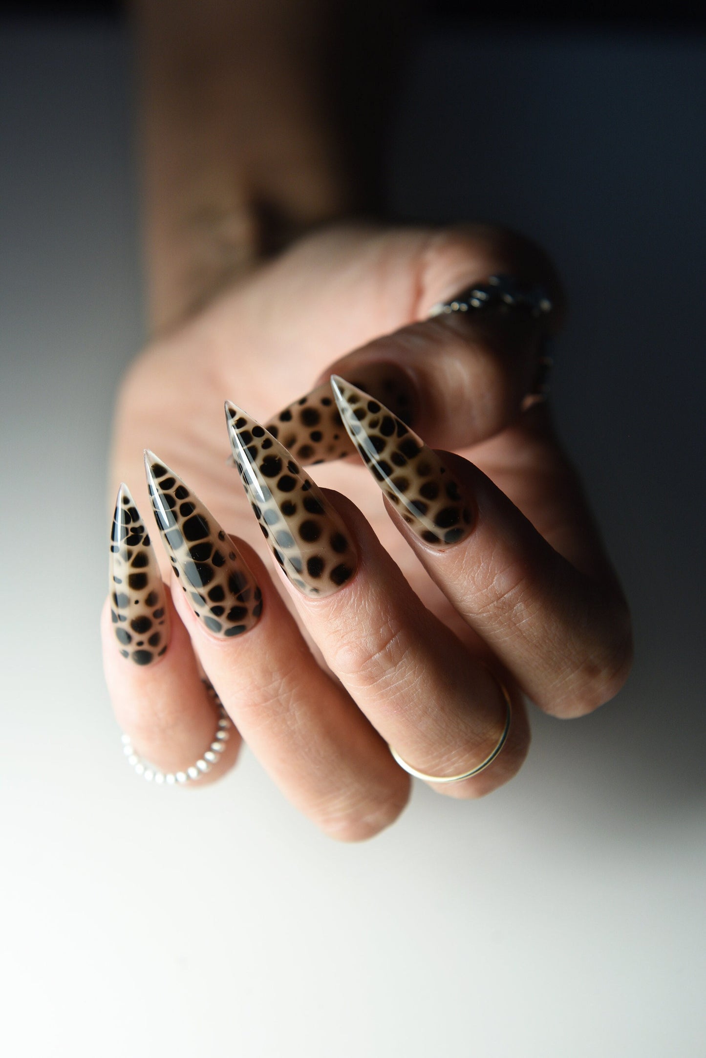 Goth Cheetah Nude & Black Press-On Nails – Handmade Reusable Set with Leopard Dots | Acrylic-Like Quality for Witchy Goth Girl Aesthetic