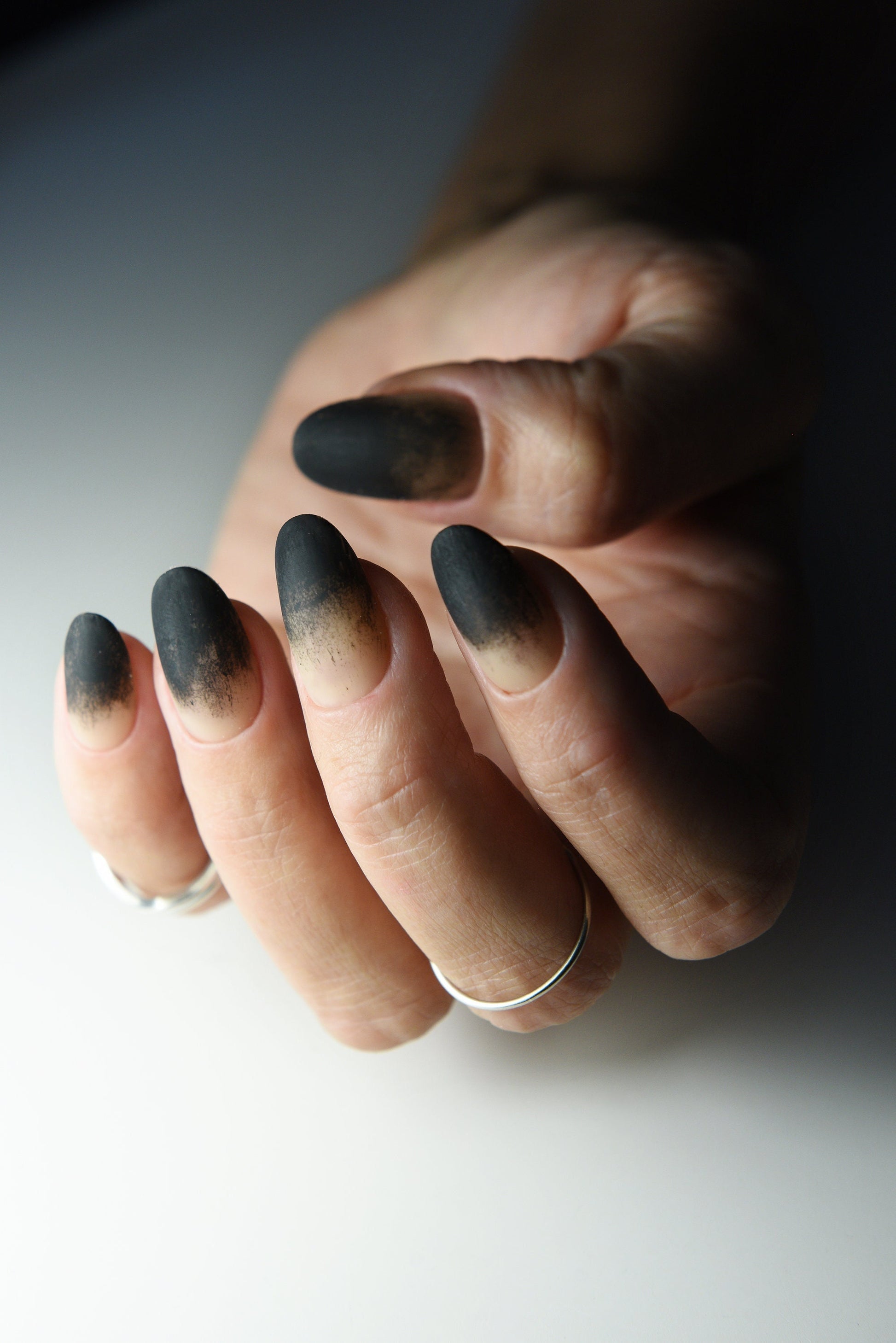 WEREWOLF OMBRE Dirty Tips Witch Cosplay Nude Black Press On Nails Stiletto Almond Square Long Short, Reusable, gothic fake nails, goth girl – Luxury Handmade Reusable Press On Nails