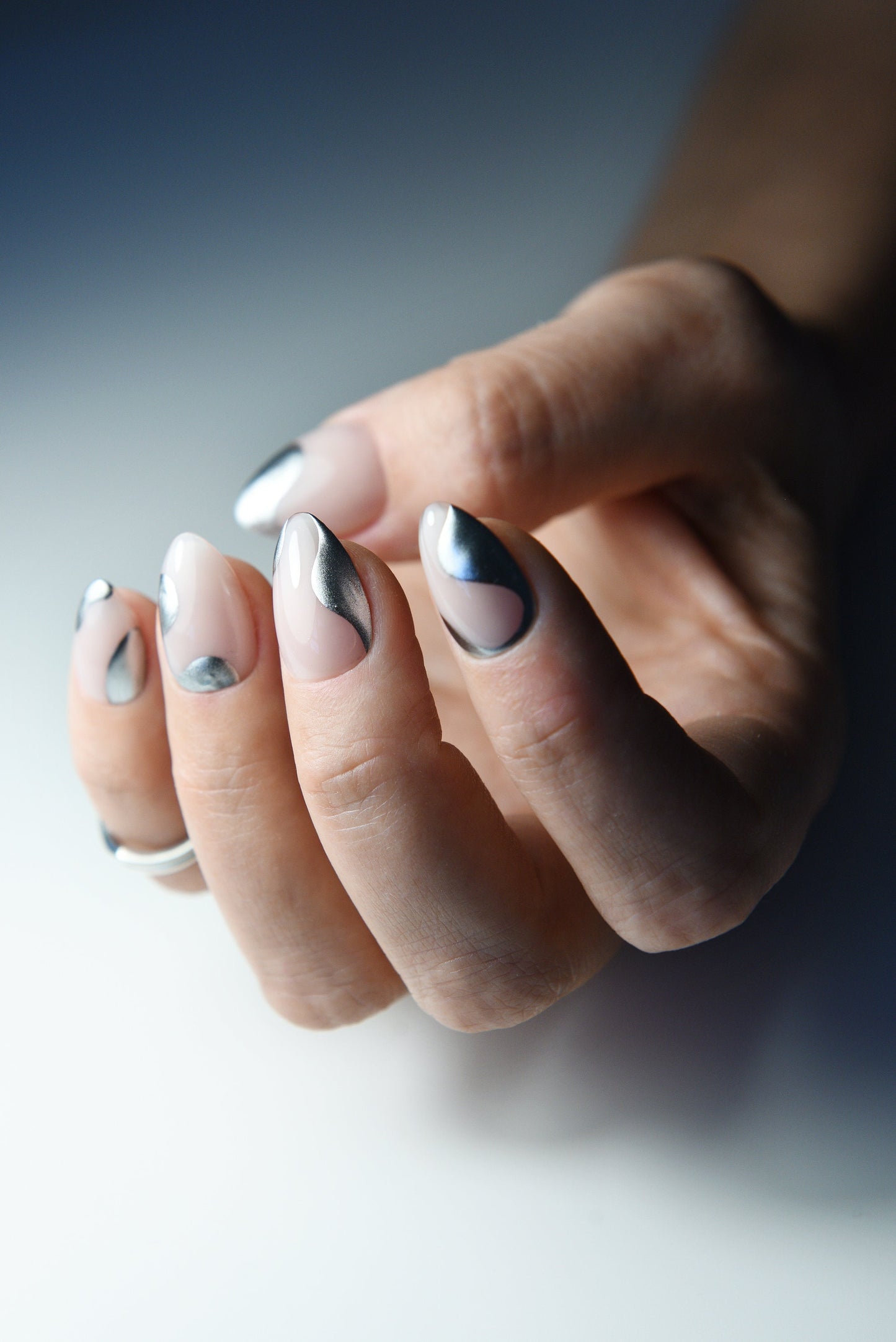 Silver Waves Chrome Press On Nails – Cream Nude Nails, Cute Wavy Tip Design, Handmade Reusable Luxury Set, Girlfriend Gift