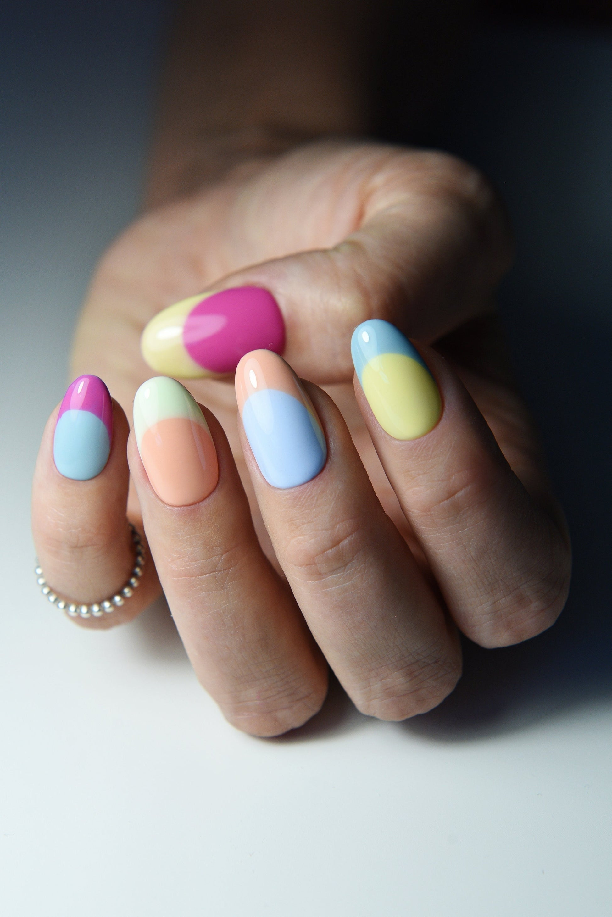 PASTEL COLOR BLOCK French Press On Nails, french tips, colorful summer nails, nail art, personalised gift for girl, short oval press ons