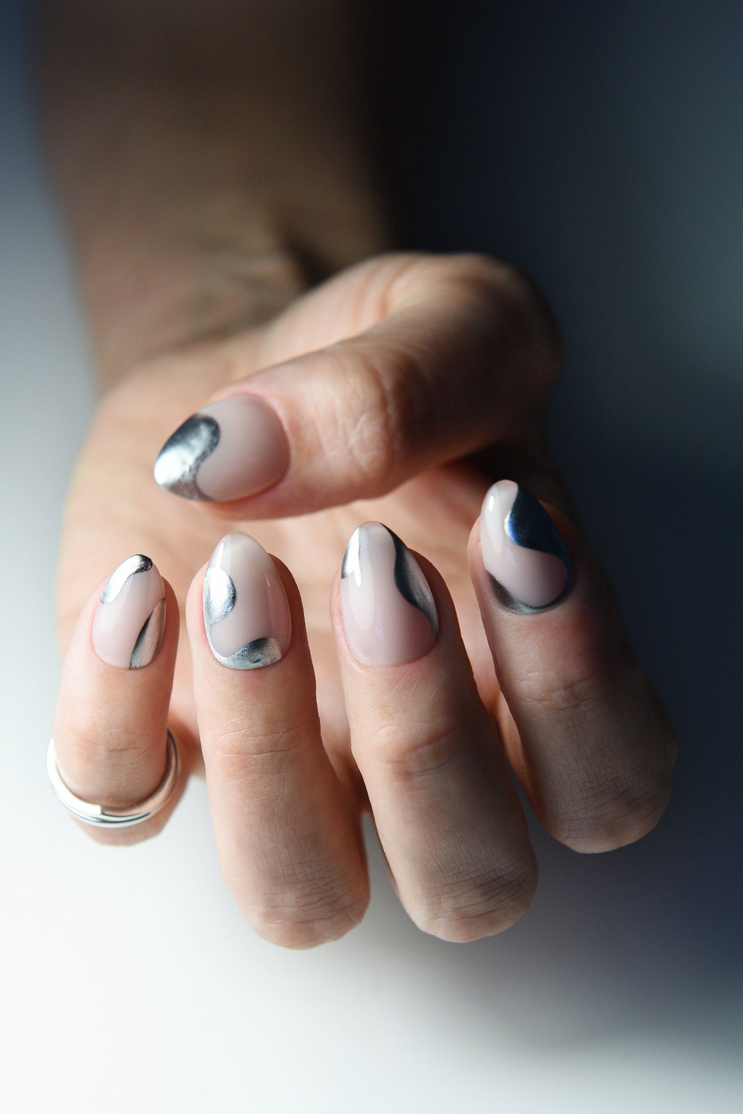 SILVER WAVES Chrome Nail Art Cute Design for girlies, Cream Nude Press On Nails, gift for girlfriend, long stiletto, short almond, reusable – Luxury Handmade Reusable Press On Nails