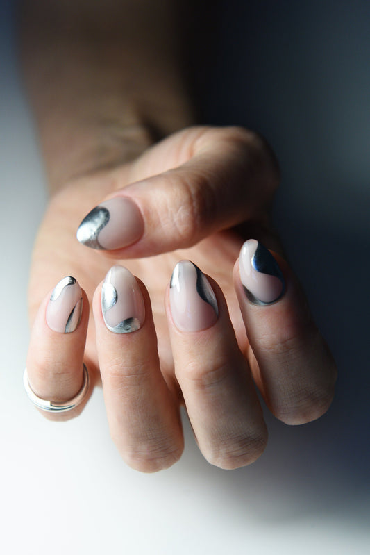 SILVER WAVES Chrome Nail Art Cute Design for girlies, Cream Nude Press On Nails, gift for girlfriend, long stiletto, short almond, reusable – Luxury Handmade Reusable Press On Nails