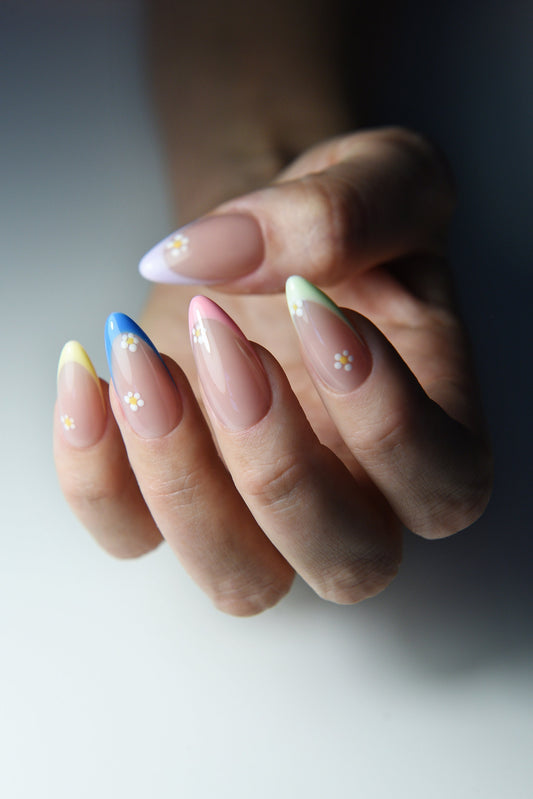 DAISY COLOR FRENCH Press On Nails Spring Summer, Medium, Short, Long nails, cute flower press ons, almond, stiletto, gel, girlfriend gift – Luxury Handmade Reusable Press On Nails
