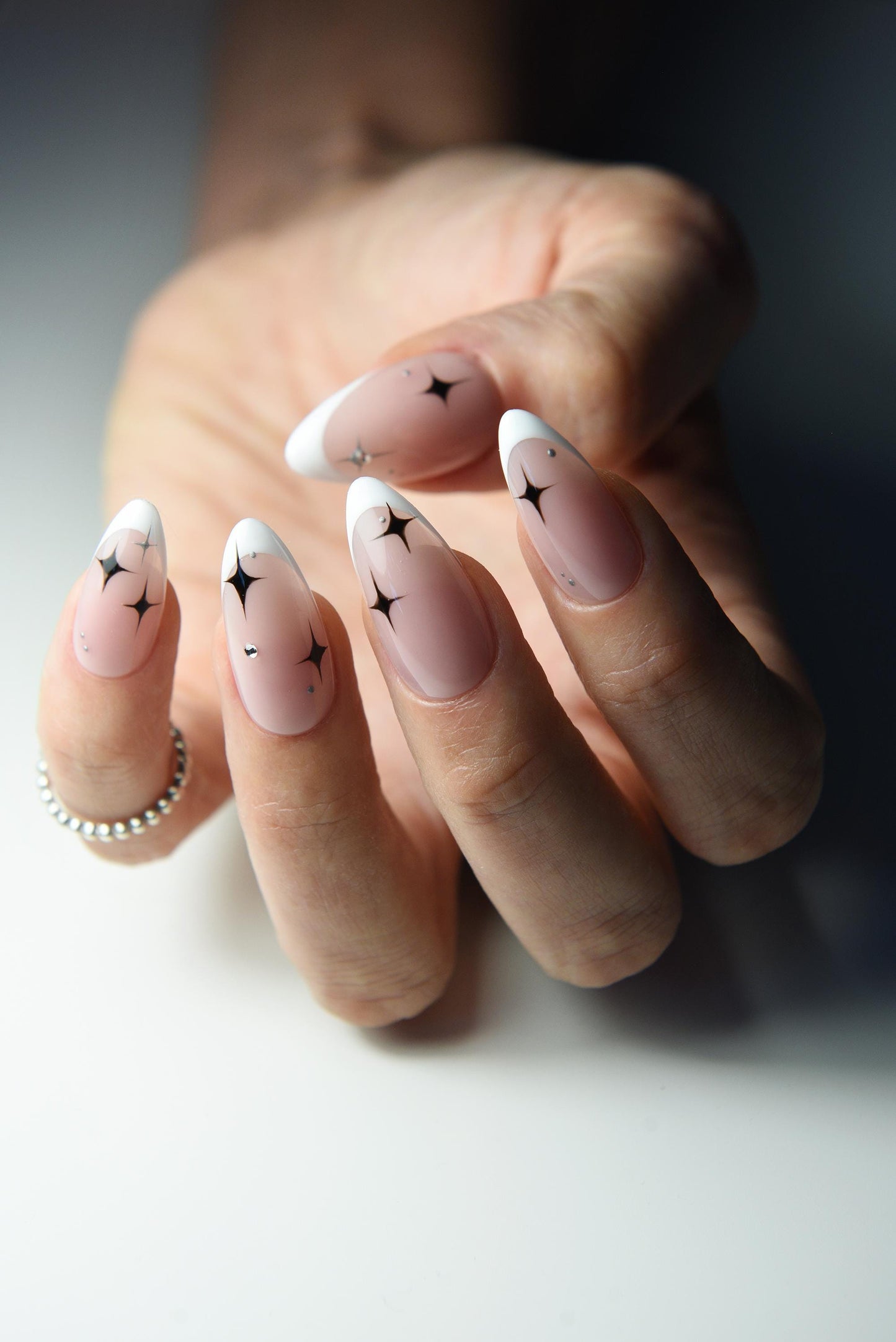 French Press On Nails with Stars and Rhinestones – Handmade Reusable Luxury Set, Cute Salon Look