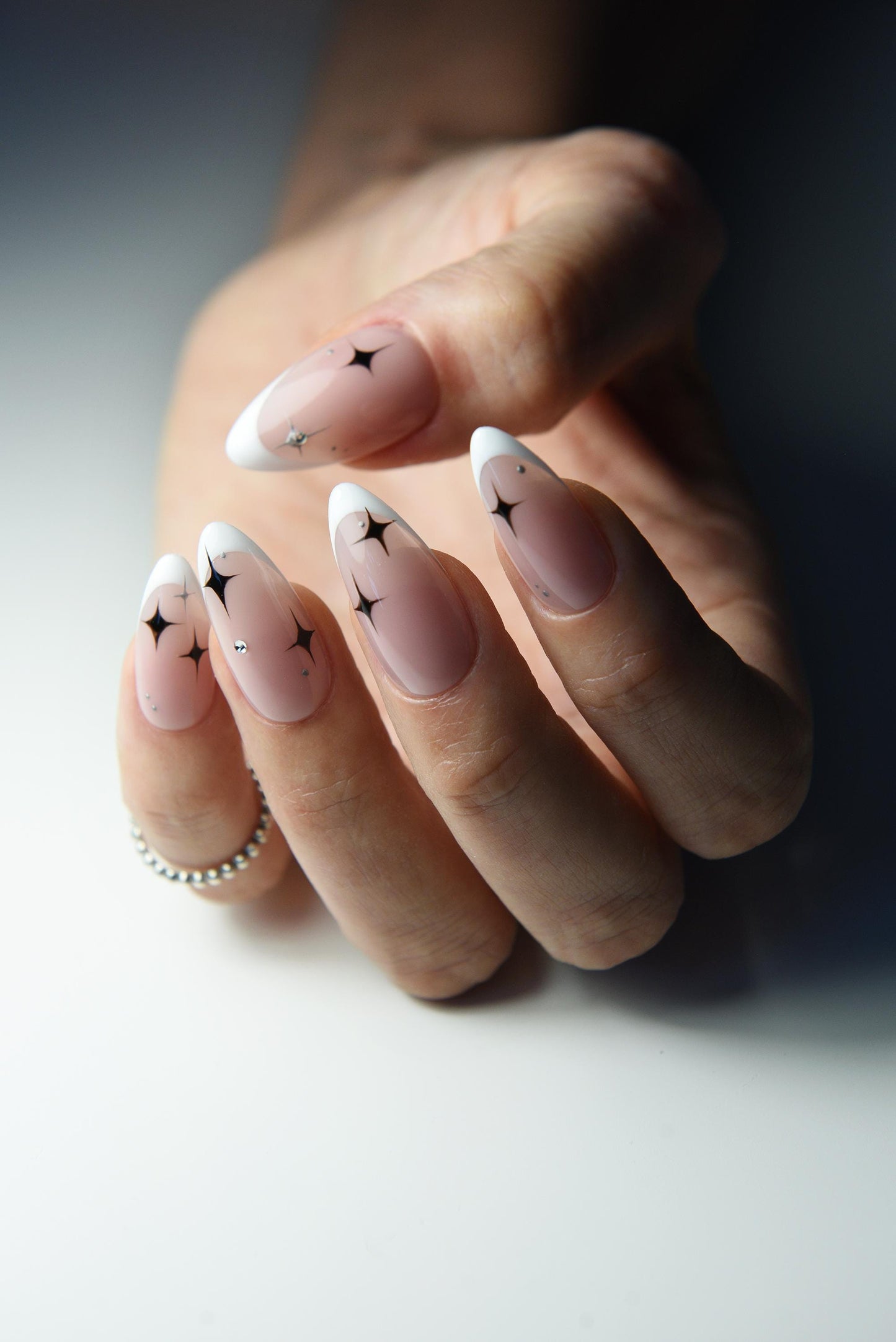 French Press On Nails with Stars and Rhinestones – Handmade Reusable Luxury Set, Cute Salon Look