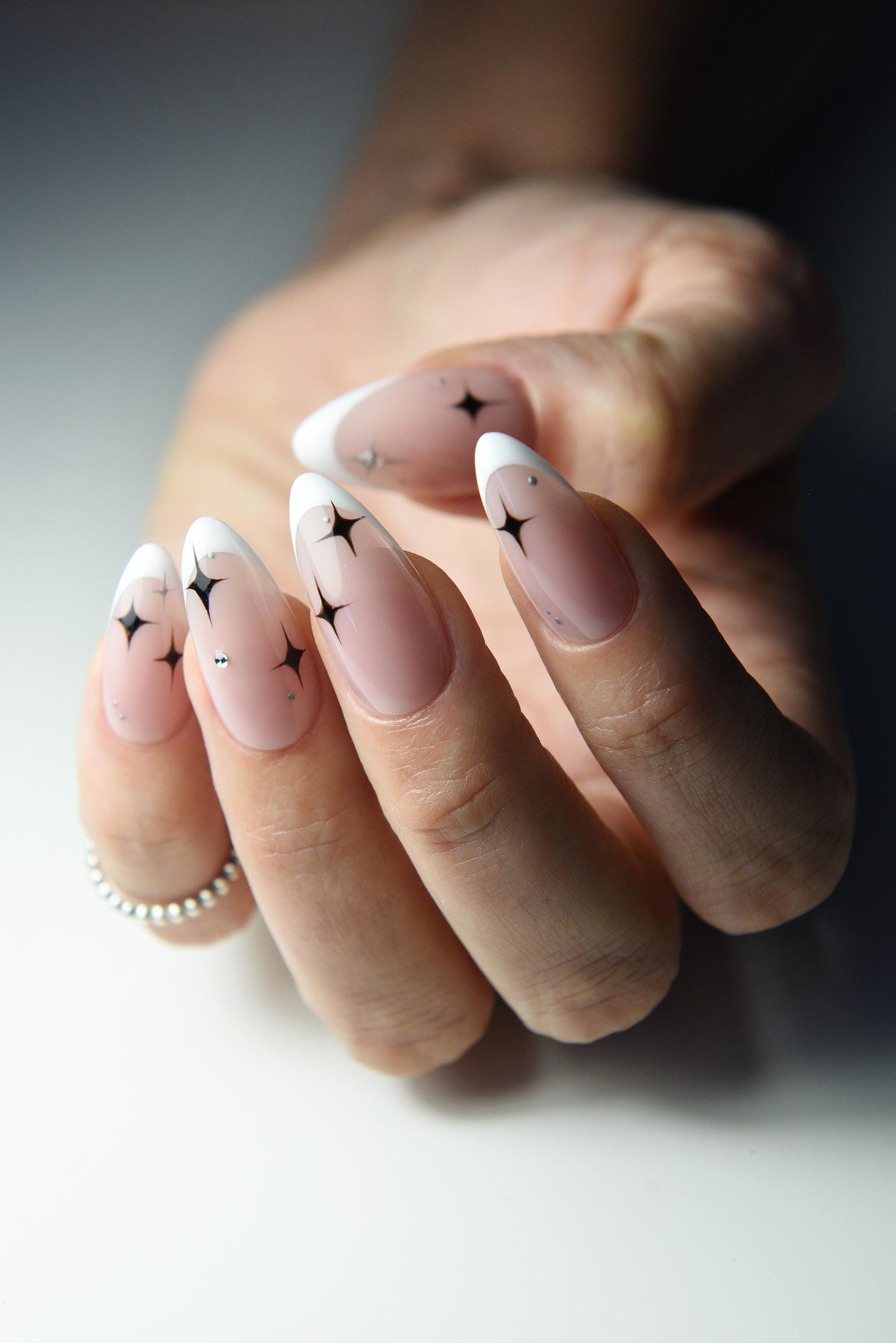 French Press On Nails with Stars and Rhinestones – Handmade Reusable Luxury Set, Cute Salon Look