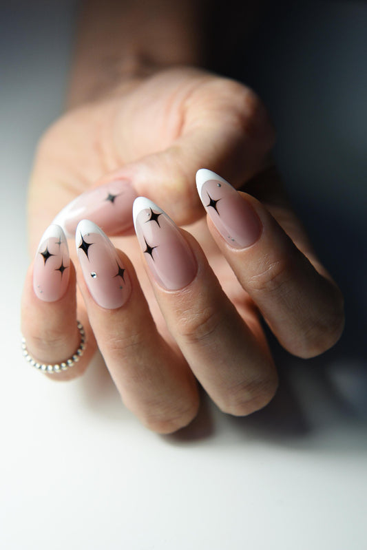French Press On Nails with stars and rhinestones, Cute nails for girls girlie nails, long, short, almond coffin, stiletto, square, prom gift – Luxury Handmade Reusable Press On Nails