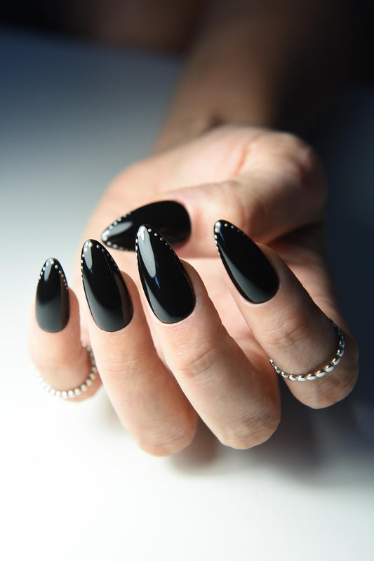 SILVER STUDS Press On Nails, fall dark style, almond, stiletto, oval, coffin, reusable luxury fake glue on nails, acrylic long, short goth