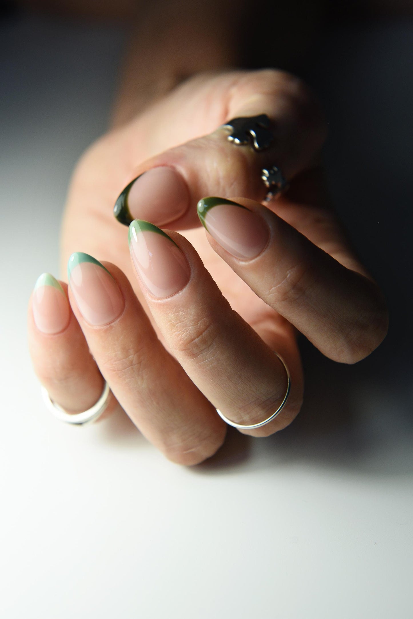 GREEN SHADES FRENCH, Autumn Fall Reusable press on nails, Stiletto Oval Almond Square Coffin Balerina, Long Medium Short, gift for school – Luxury Handmade Reusable Press On Nails