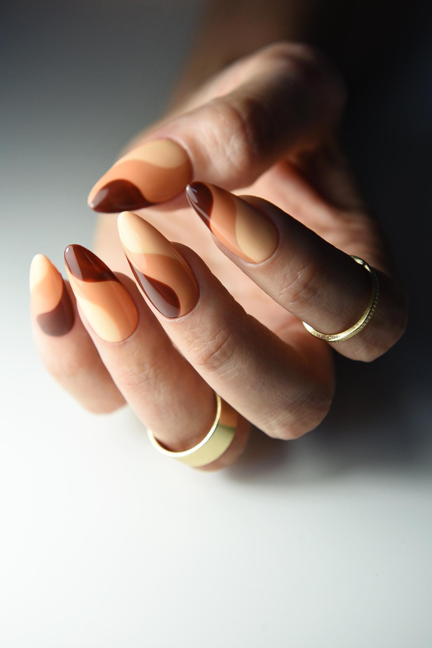 SWIRLS Autumn Fall, Pumpkin Orange, Brown Press On Nails, fake nails, reusable handpainted set, long stiletto, short square, medium almond – Luxury Handmade Reusable Press On Nails