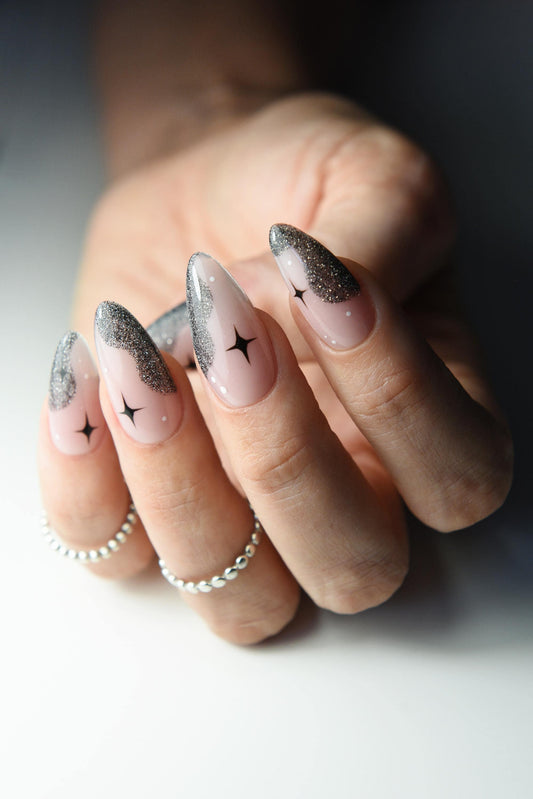 GALAXY Press On Nails with stars, reflective, cute nails for girlies, cosmo galactic nails, fall autumn nail art design, long, short presson – Luxury Handmade Reusable Press On Nails