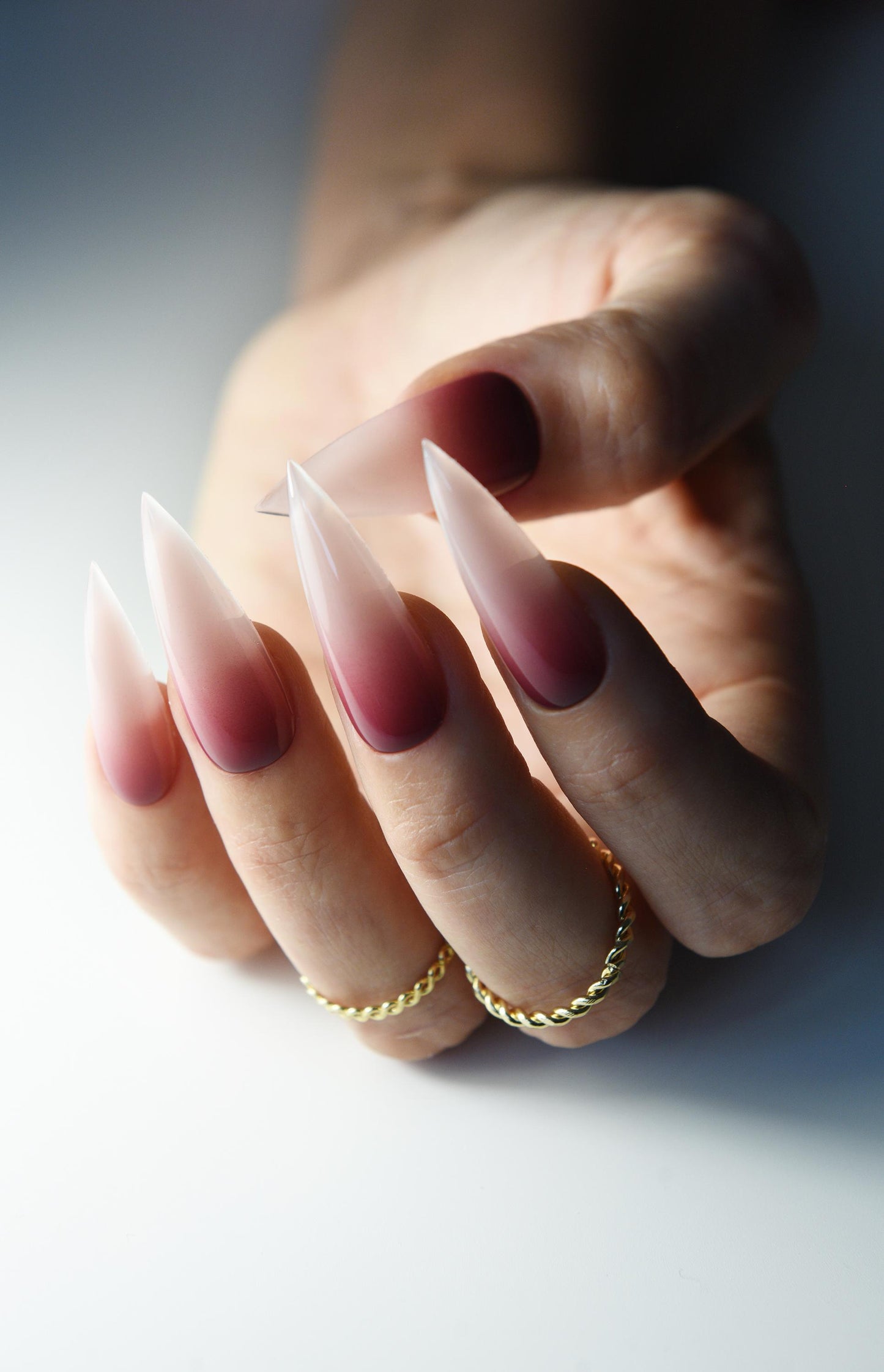 Goth Ombre Press-On Nails – Red to Nude Gradient, Handmade Reusable Luxury Set