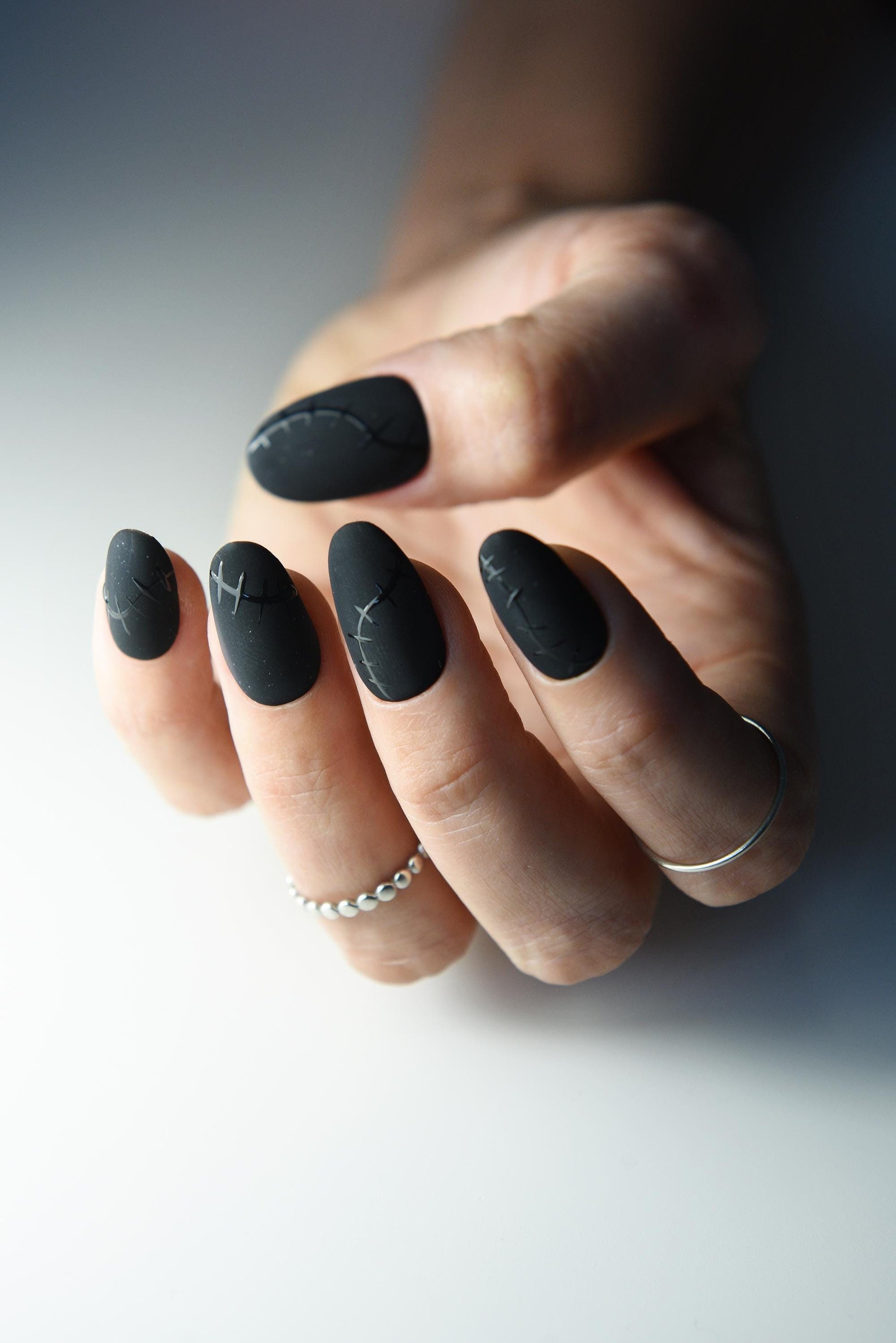 MATTE SEAMS Stitches Press On Nails for halloween, cute spooky nails for october, nail set girl, reusable, handmade nail art, goth gift – Luxury Handmade Reusable Press On Nails