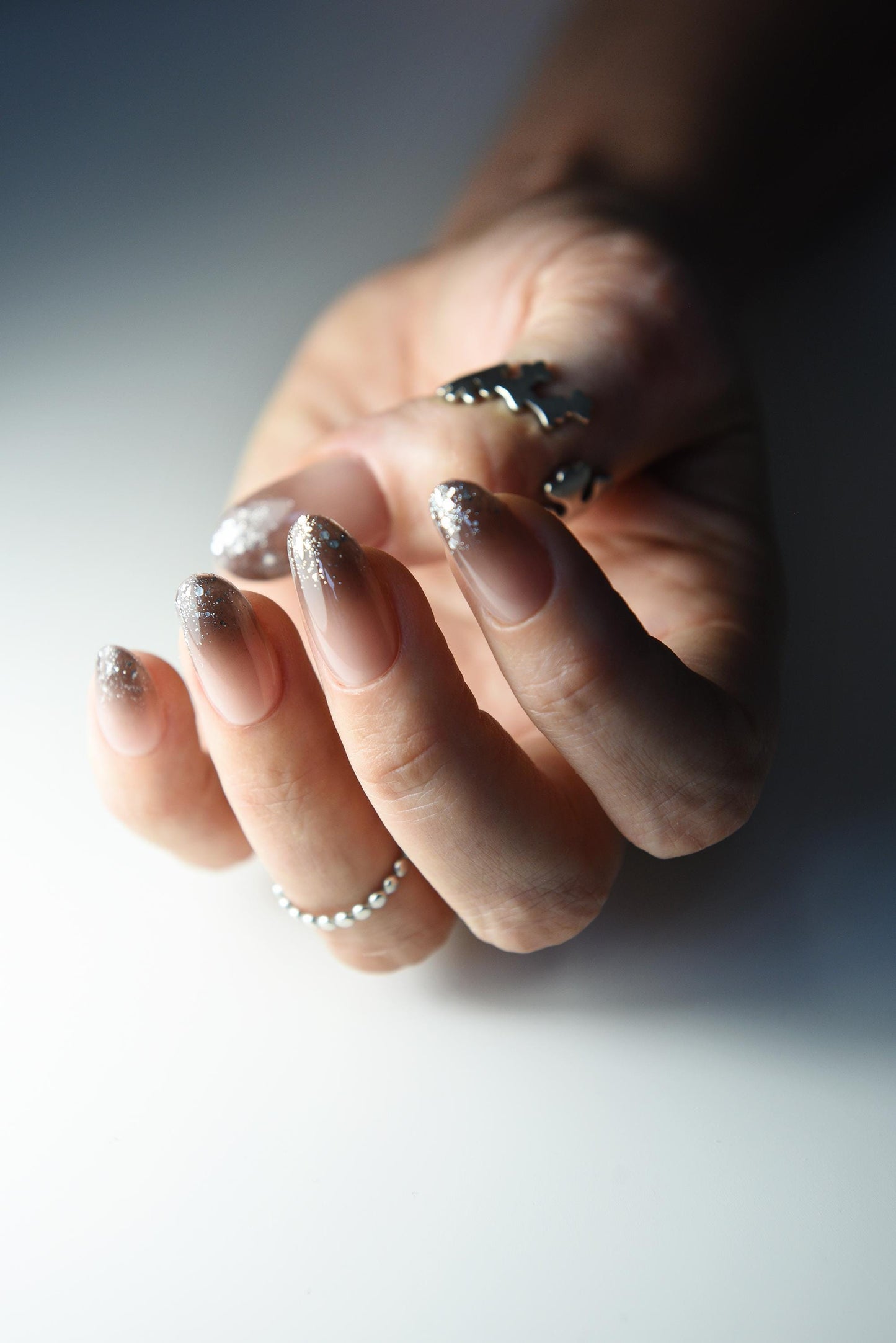 Glitter Glam Ombre Press-On Nails – Nude Sparkling, Handmade & Reusable