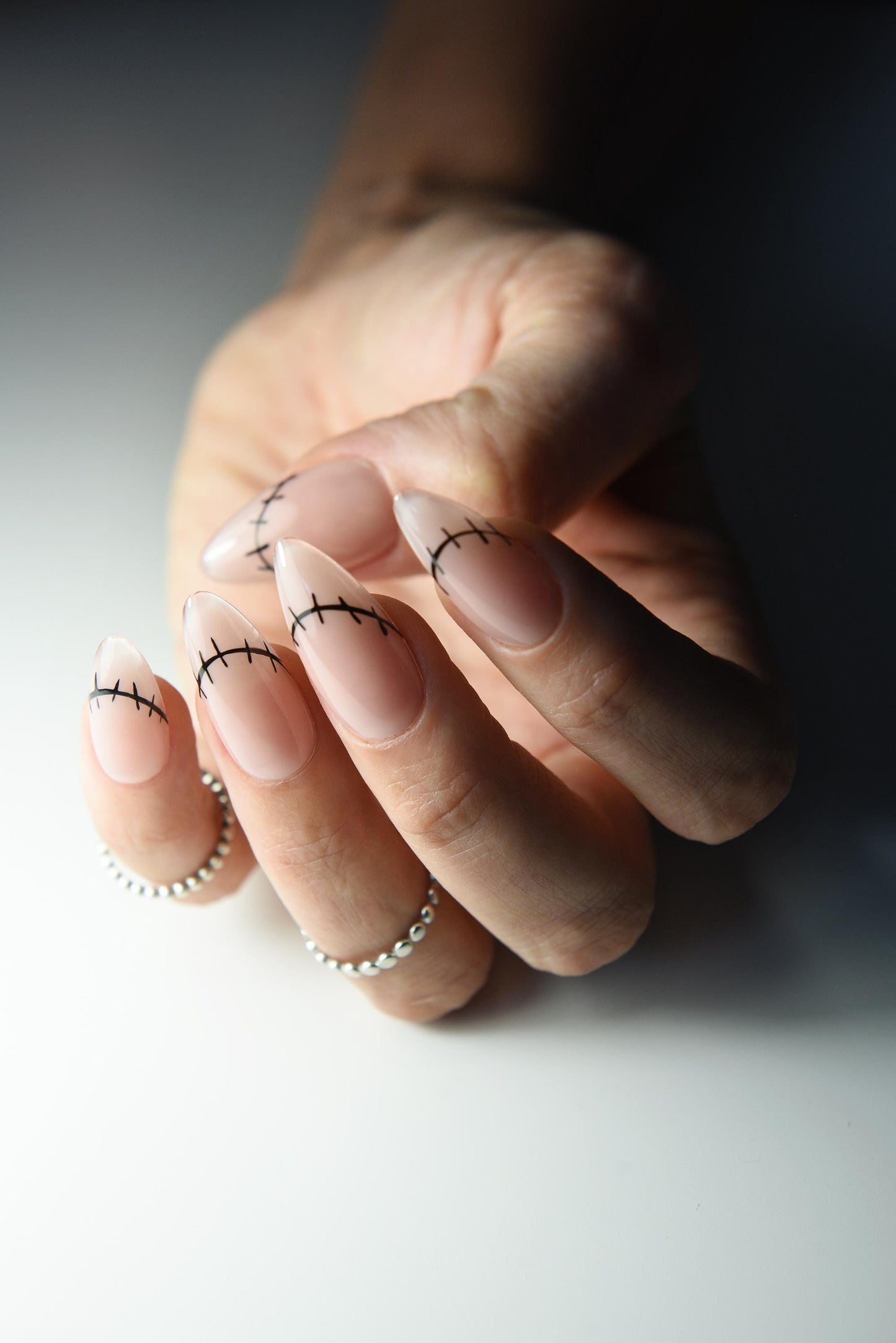 Minimalist Halloween Press On Nails – Nude French with Stitches, Long Stiletto – Handmade Luxury Fall Nail Set