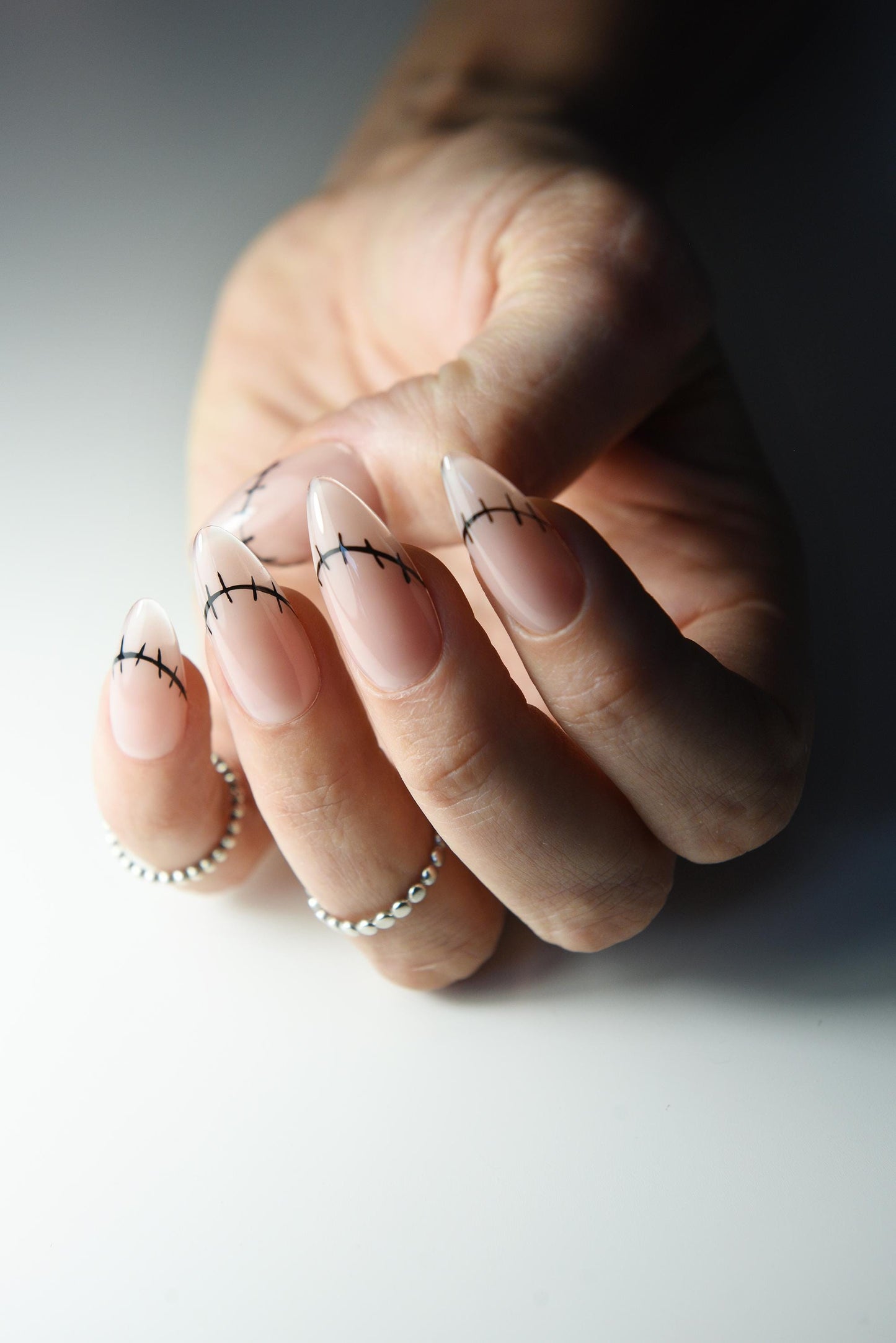Minimalist Halloween Press On Nails – Nude French with Stitches, Long Stiletto – Handmade Luxury Fall Nail Set