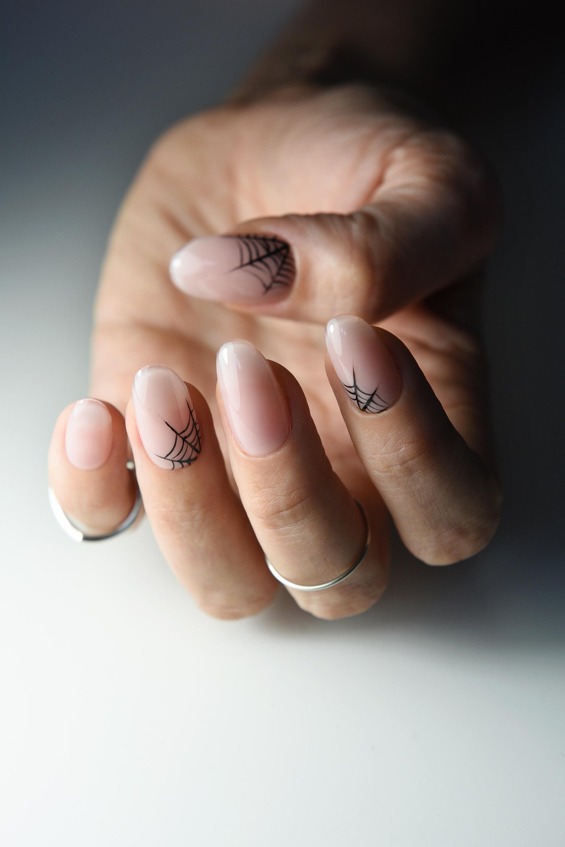 HALLOWEEN SPIDERWEB Press On Nails, minimalistic, clean girl, nude nails made with builder base, short square, medium stiletto, long coffin – Luxury Handmade Reusable Press On Nails