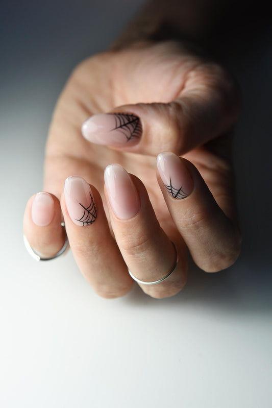 HALLOWEEN SPIDERWEB Press On Nails, minimalistic, clean girl, nude nails made with builder base, short square, medium stiletto, long coffin – Luxury Handmade Reusable Press On Nails