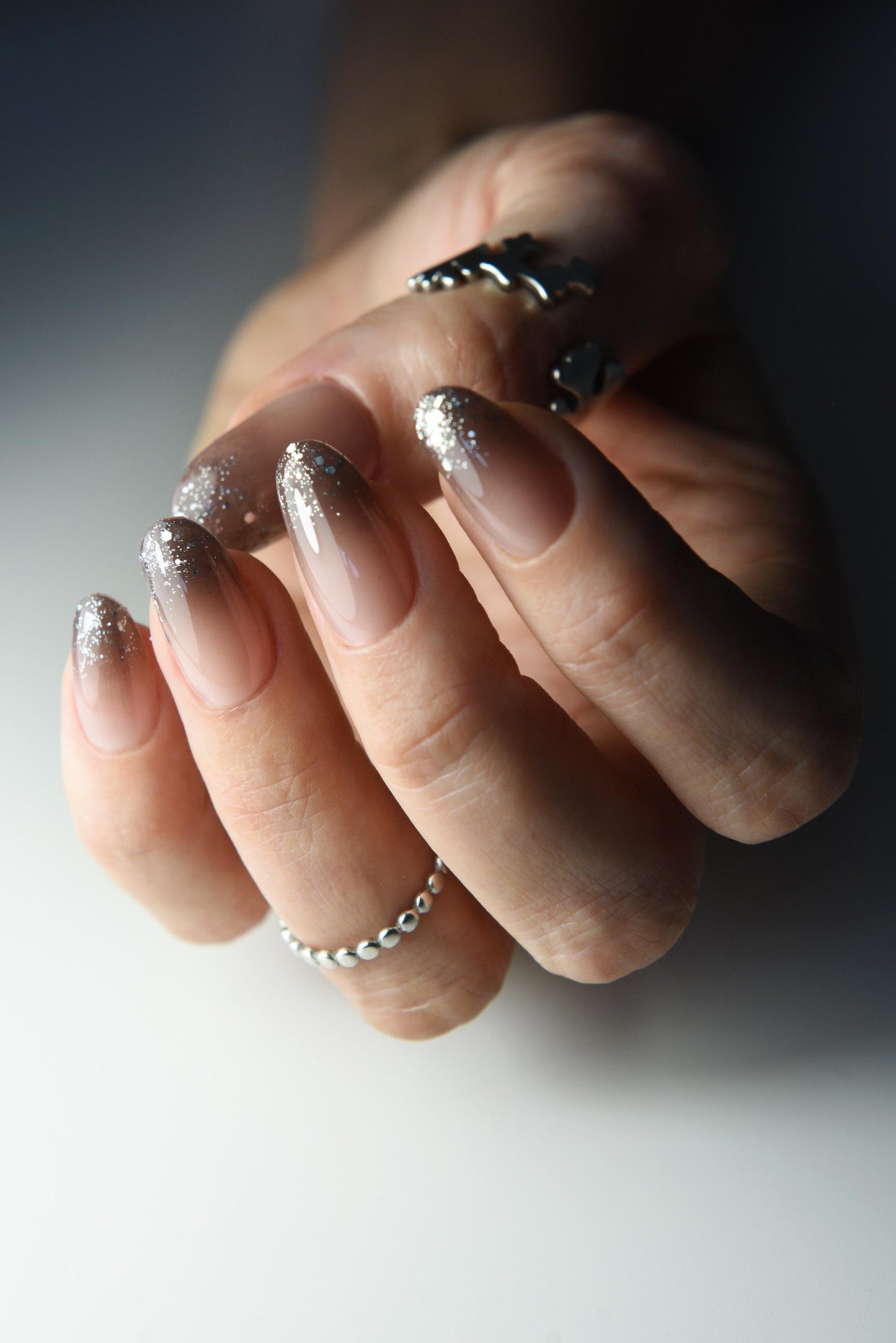 Glitter Glam Ombre Press-On Nails – Nude Sparkling, Handmade & Reusable