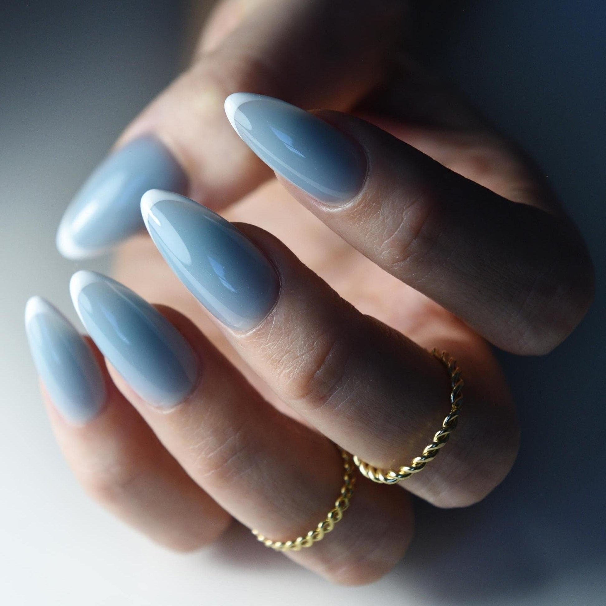 Blue Gray Press On Nails – White French Tip Jelly Nails, Reusable Natural-Look Winter Nail Set, gift for colleague, student, cousin present – Luxury Handmade Reusable Press On Nails