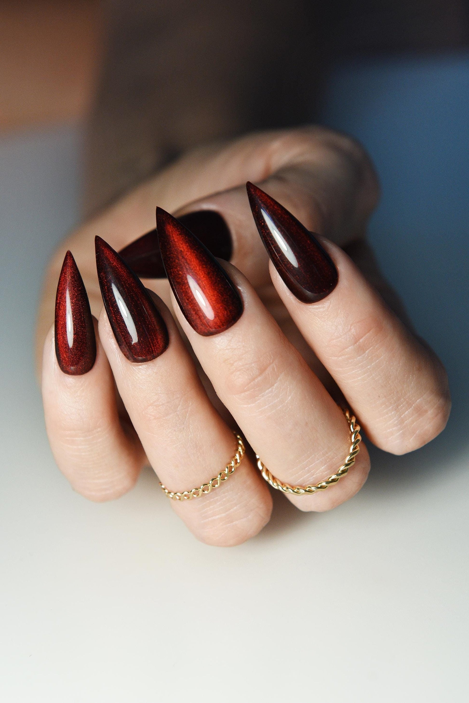 GOTH CHRISTMAS, CHERRY Red Press On Nails, Cat Eye Gel Manicure, gift for niece, gothic stiletto claws, xmass simple fake nails for her – Luxury Handmade Reusable Press On Nails