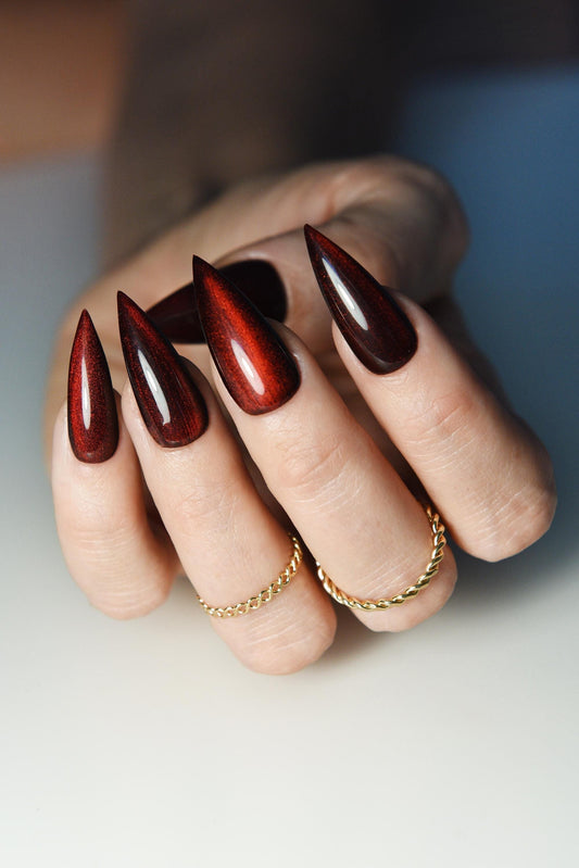 GOTH CHRISTMAS, CHERRY Red Press On Nails, Cat Eye Gel Manicure, gift for niece, gothic stiletto claws, xmass simple fake nails for her – Luxury Handmade Reusable Press On Nails